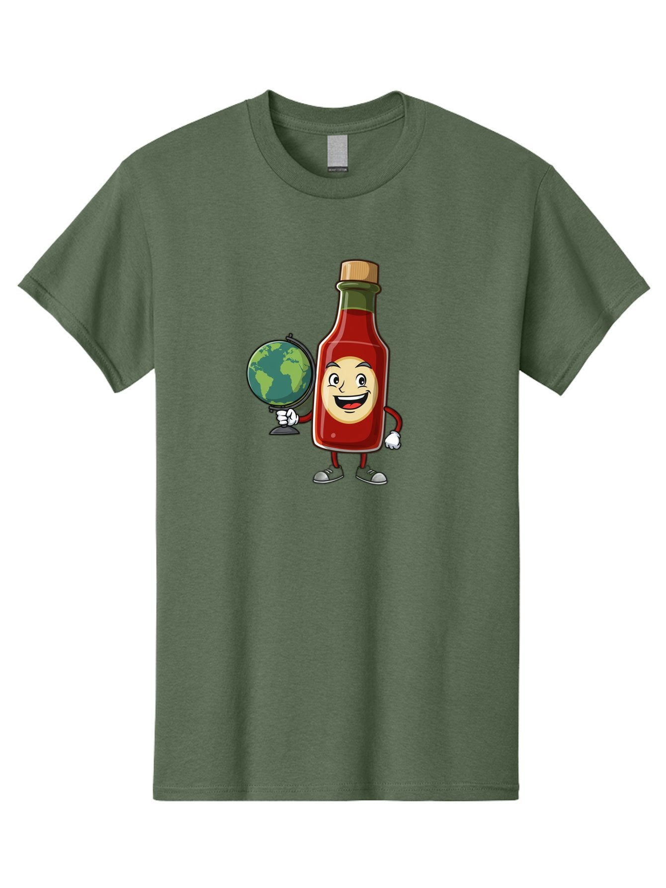 Hot-Sauce-Bottle-3 Men'S Graphic Tee, 100% Cotton, Comfortable Casual Summer Wear, Machine Washable, Hot Sauce Bottle Character, Cartoon Mascot, Smiling Face, Globe, Spicy Food, Condiment, Foodie Culture, Cartoon Style, Funny Illustration Baa827 14