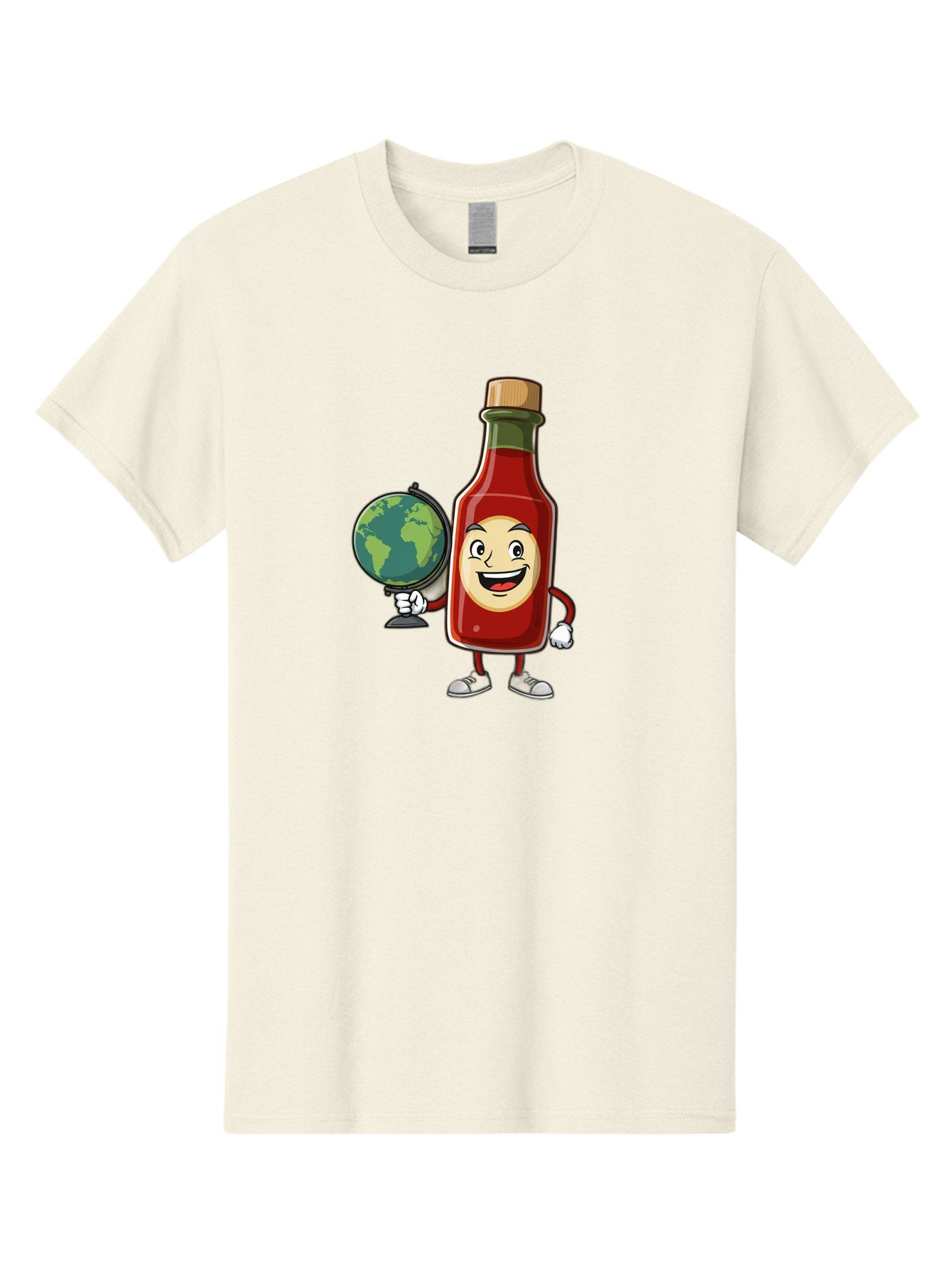 Hot-Sauce-Bottle-3 Men'S Graphic Tee, 100% Cotton, Comfortable Casual Summer Wear, Machine Washable, Hot Sauce Bottle Character, Cartoon Mascot, Smiling Face, Globe, Spicy Food, Condiment, Foodie Culture, Cartoon Style, Funny Illustration Baa827