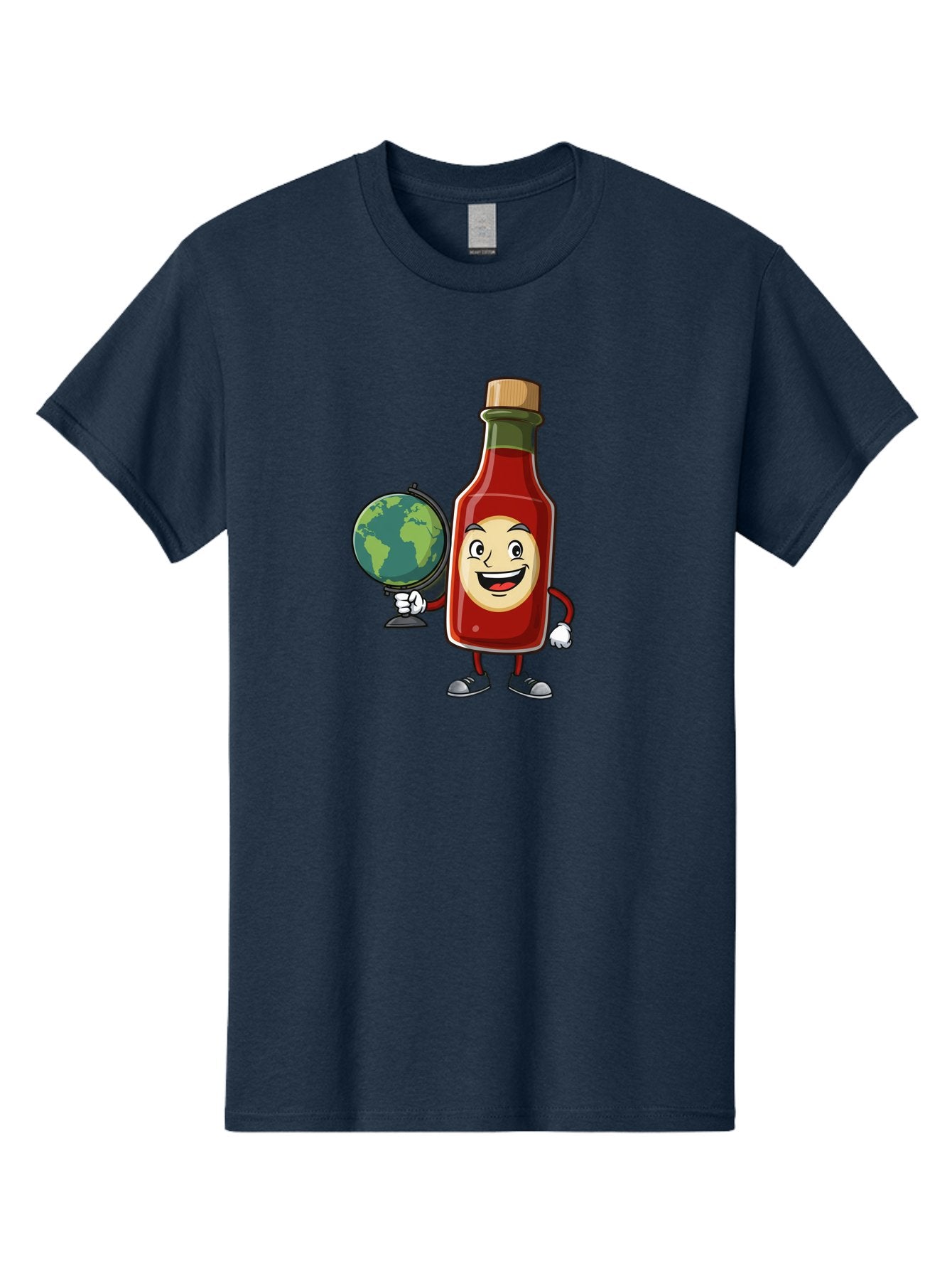 Hot-Sauce-Bottle-3 Men'S Graphic Tee, 100% Cotton, Comfortable Casual Summer Wear, Machine Washable, Hot Sauce Bottle Character, Cartoon Mascot, Smiling Face, Globe, Spicy Food, Condiment, Foodie Culture, Cartoon Style, Funny Illustration Baa827