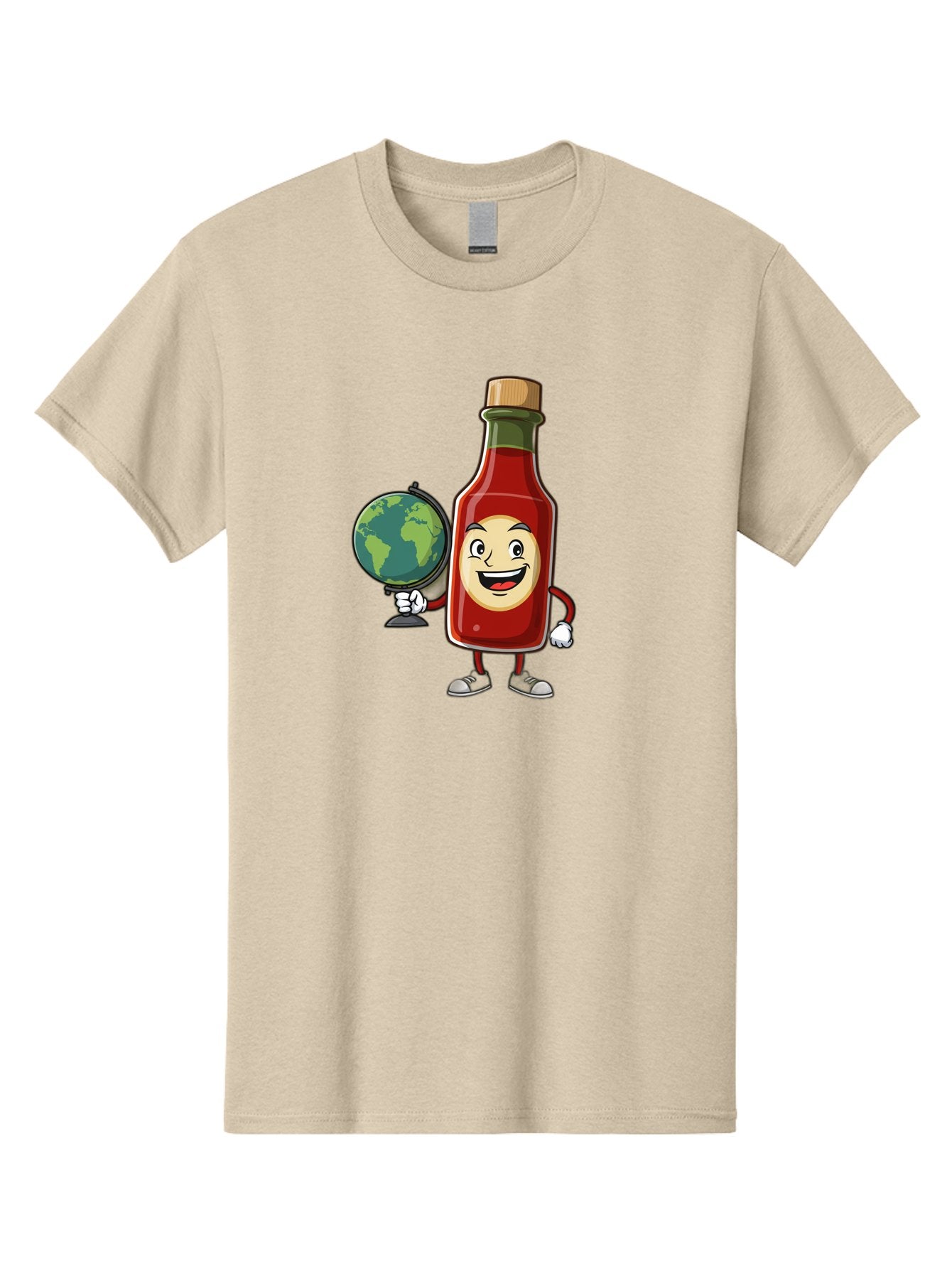 Hot-Sauce-Bottle-3 Men'S Graphic Tee, 100% Cotton, Comfortable Casual Summer Wear, Machine Washable, Hot Sauce Bottle Character, Cartoon Mascot, Smiling Face, Globe, Spicy Food, Condiment, Foodie Culture, Cartoon Style, Funny Illustration Baa827 10