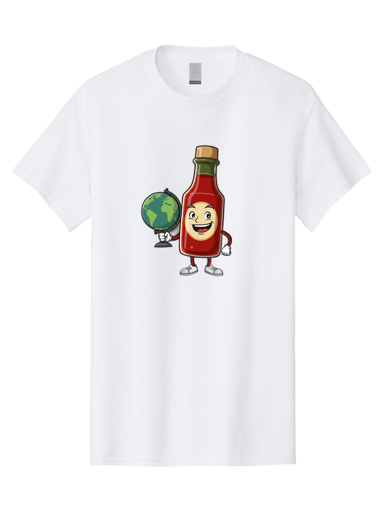 Hot-Sauce-Bottle-3 Men'S Graphic Tee, 100% Cotton, Comfortable Casual Summer Wear, Machine Washable, Hot Sauce Bottle Character, Cartoon Mascot, Smiling Face, Globe, Spicy Food, Condiment, Foodie Culture, Cartoon Style, Funny Illustration Baa827 12
