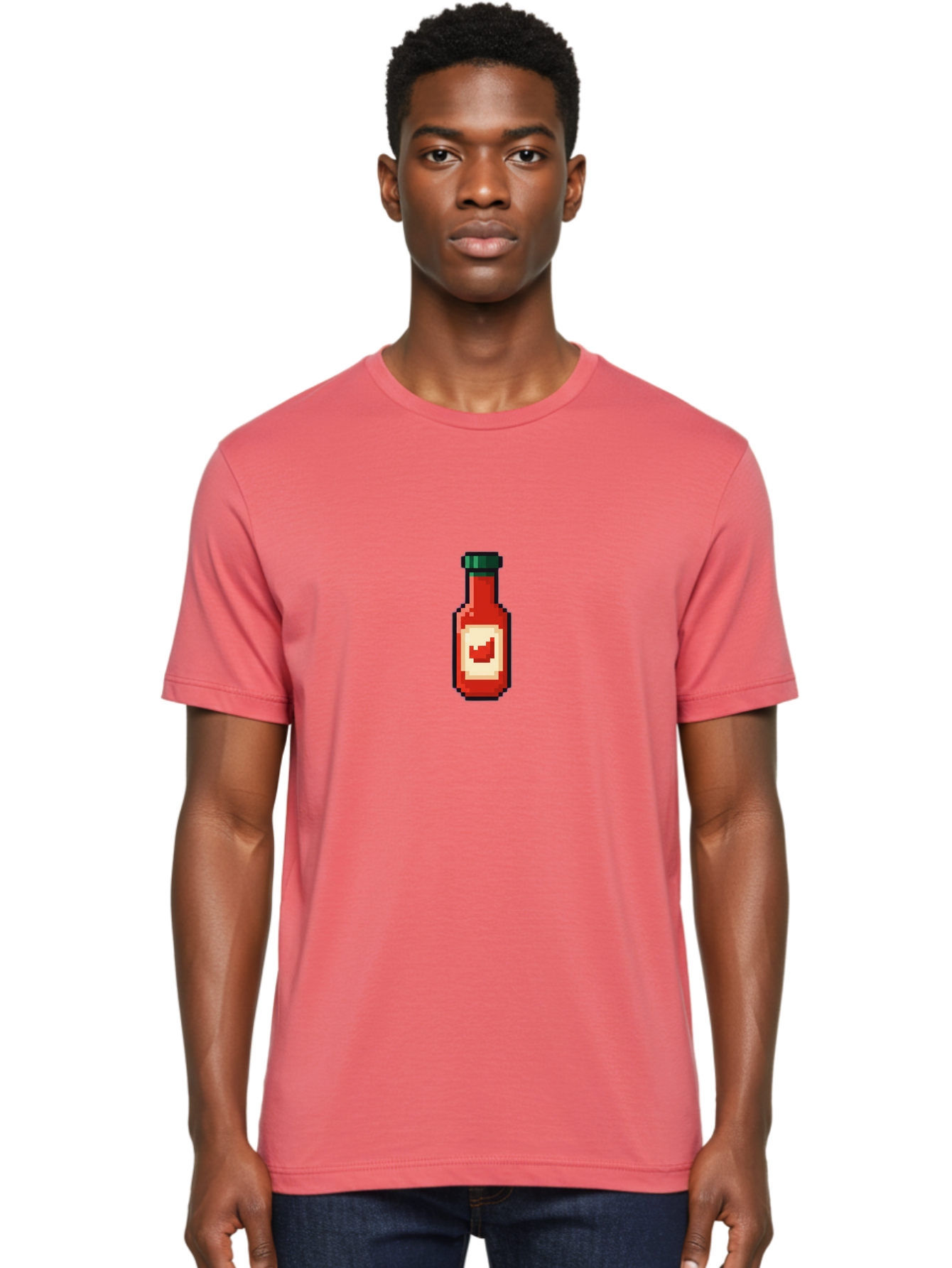 Hot-Sauce-Bottle-4 Men'S Graphic Tee, 100% Cotton, Comfortable Casual Summer Wear, Machine Washable, Hot Sauce, Condiment, Spicy Food, Red Sauce, Pixel Art, Digital Illustration, 8-Bit Style, Retro Gaming Aesthetic Baa828 24