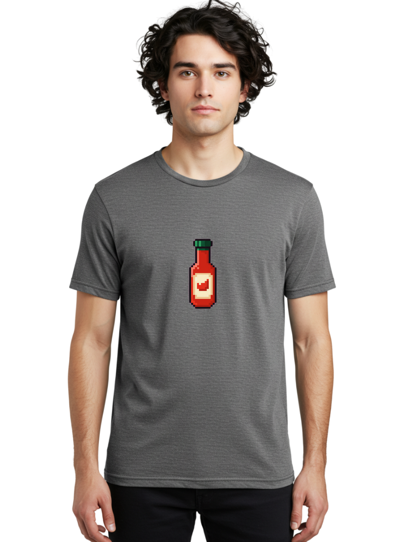 Hot-Sauce-Bottle-4 Men'S Graphic Tee, 100% Cotton, Comfortable Casual Summer Wear, Machine Washable, Hot Sauce, Condiment, Spicy Food, Red Sauce, Pixel Art, Digital Illustration, 8-Bit Style, Retro Gaming Aesthetic Baa828