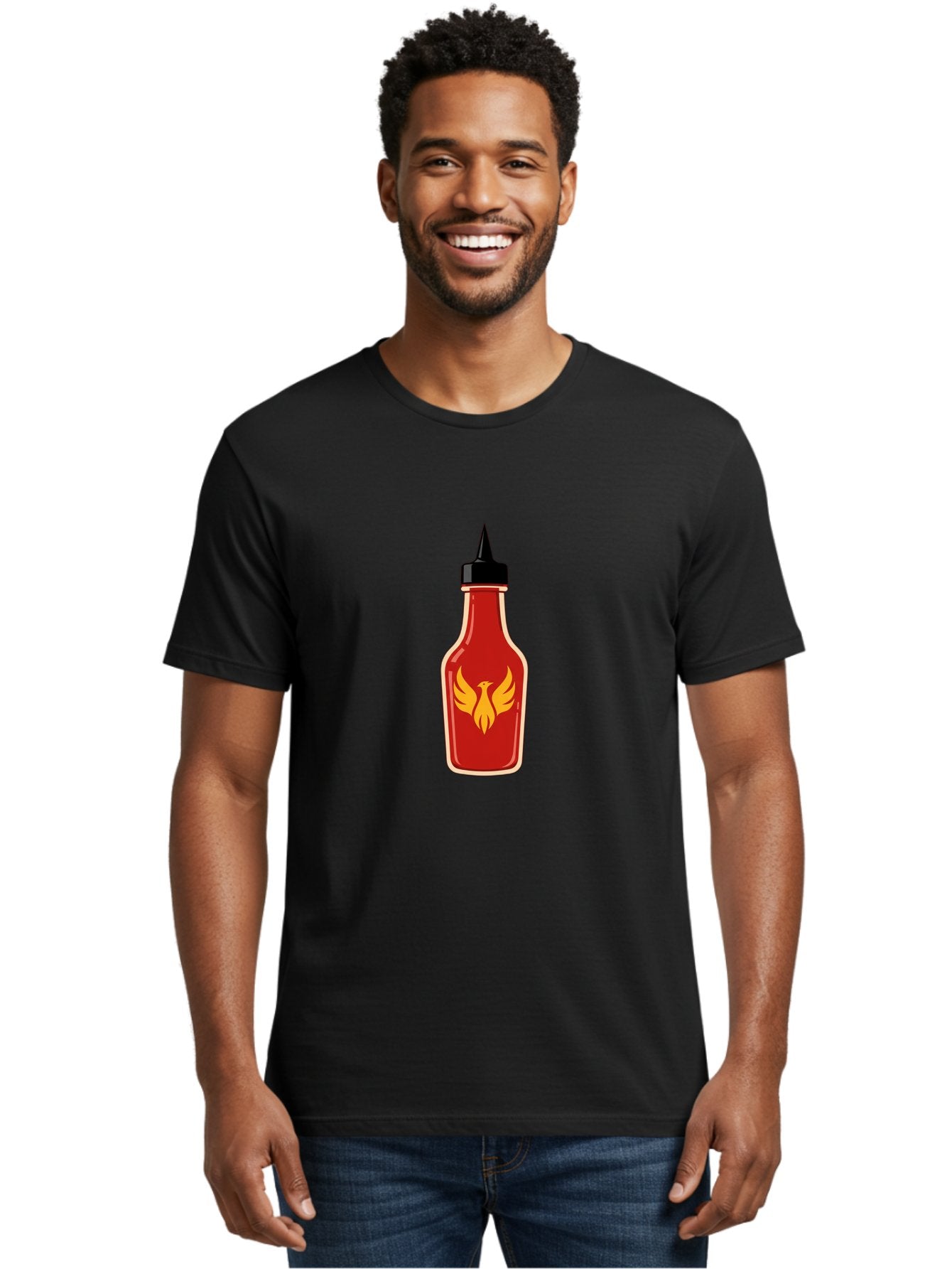 Hot-Sauce-Bottle-7 Men'S Graphic Tee, 100% Cotton, Comfortable Casual Summer Wear, Machine Washable, Hot Sauce Bottle, Red Sauce, Black Cap, Yellow Bird Logo, Wings Outstretched, Fiery Design, Spicy Condiment, Food Seasoning, Culinary Art Baa831 30