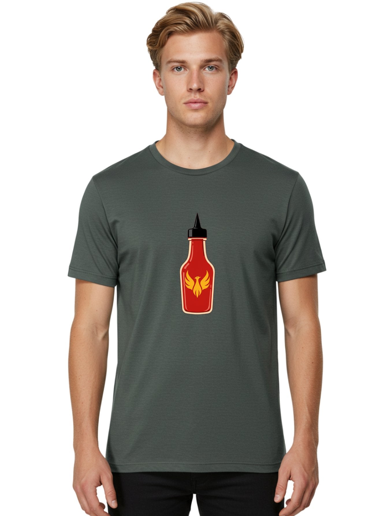 Hot-Sauce-Bottle-7 Men'S Graphic Tee, 100% Cotton, Comfortable Casual Summer Wear, Machine Washable, Hot Sauce Bottle, Red Sauce, Black Cap, Yellow Bird Logo, Wings Outstretched, Fiery Design, Spicy Condiment, Food Seasoning, Culinary Art Baa831 17