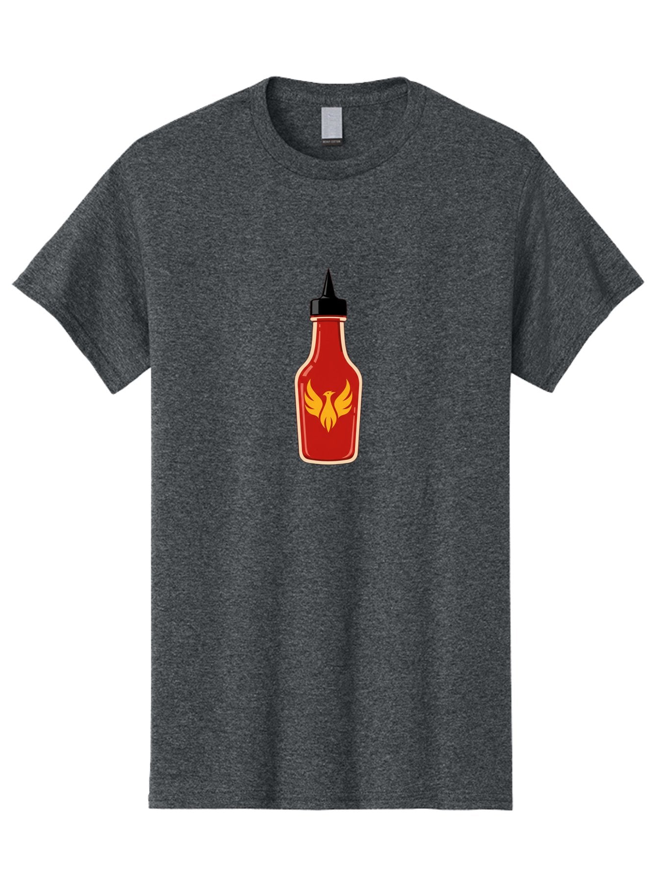 Hot-Sauce-Bottle-7 Men'S Graphic Tee, 100% Cotton, Comfortable Casual Summer Wear, Machine Washable, Hot Sauce Bottle, Red Sauce, Black Cap, Yellow Bird Logo, Wings Outstretched, Fiery Design, Spicy Condiment, Food Seasoning, Culinary Art Baa831 5