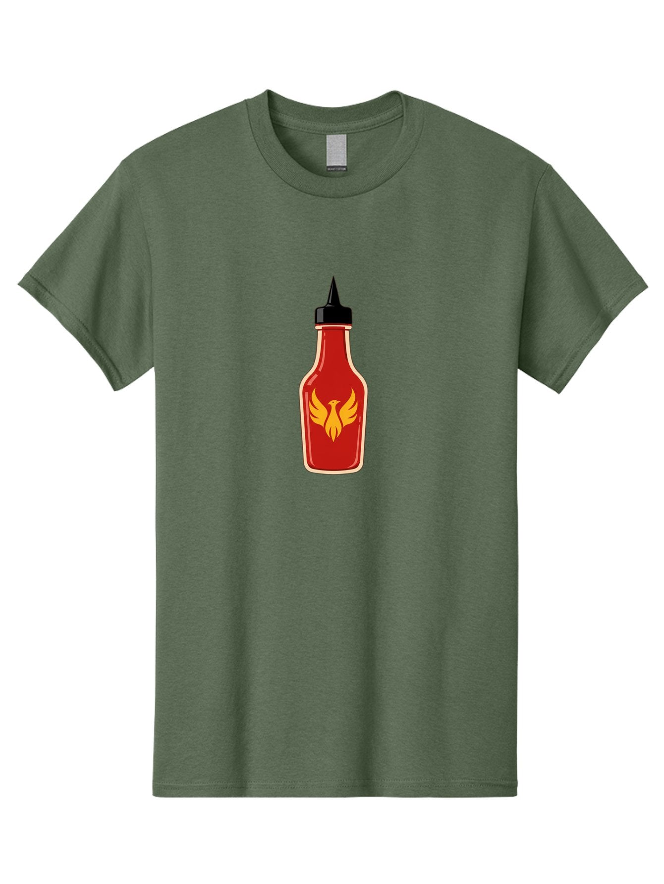 Hot-Sauce-Bottle-7 Men'S Graphic Tee, 100% Cotton, Comfortable Casual Summer Wear, Machine Washable, Hot Sauce Bottle, Red Sauce, Black Cap, Yellow Bird Logo, Wings Outstretched, Fiery Design, Spicy Condiment, Food Seasoning, Culinary Art Baa831
