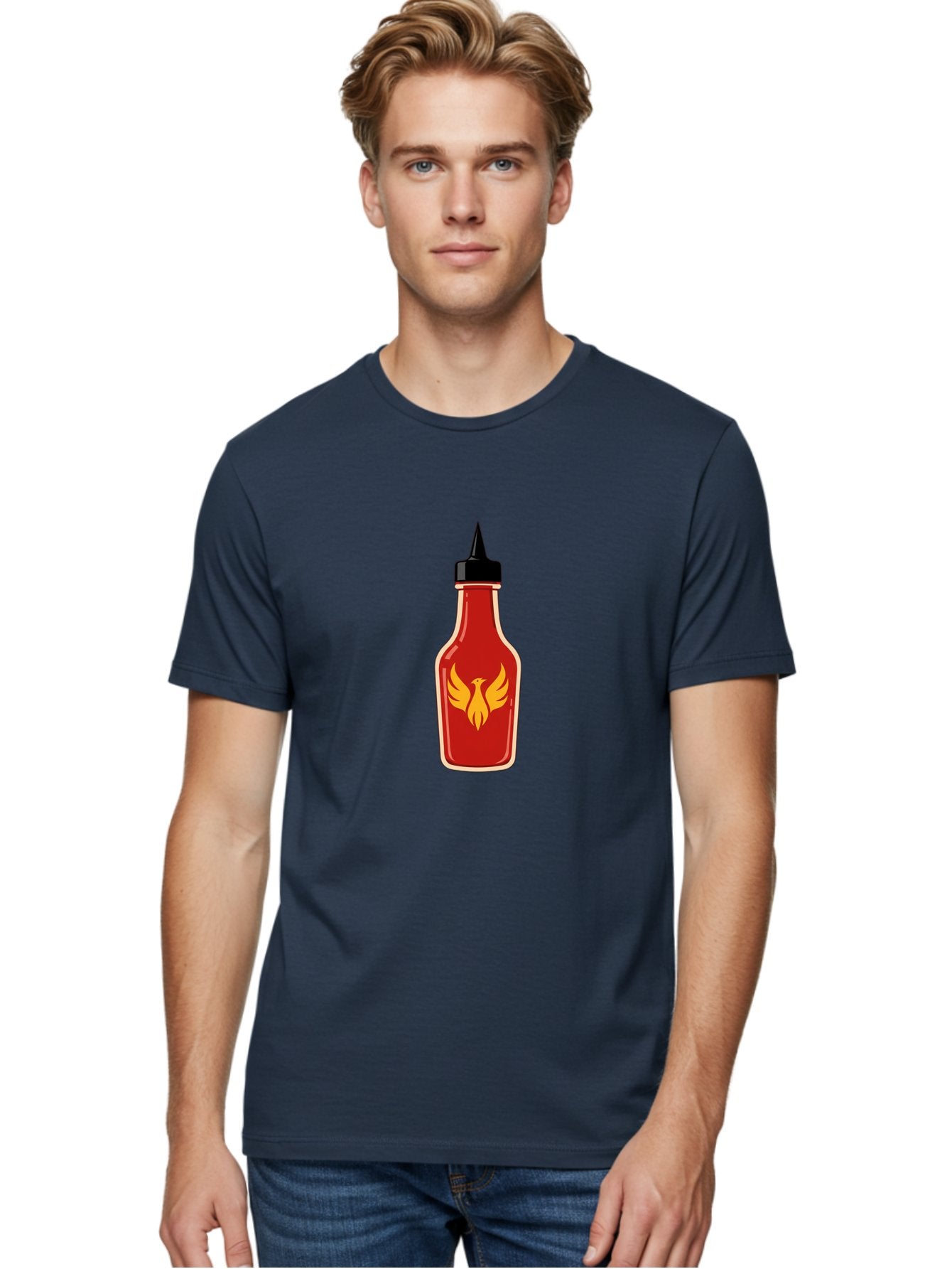 Hot-Sauce-Bottle-7 Men'S Graphic Tee, 100% Cotton, Comfortable Casual Summer Wear, Machine Washable, Hot Sauce Bottle, Red Sauce, Black Cap, Yellow Bird Logo, Wings Outstretched, Fiery Design, Spicy Condiment, Food Seasoning, Culinary Art Baa831 20