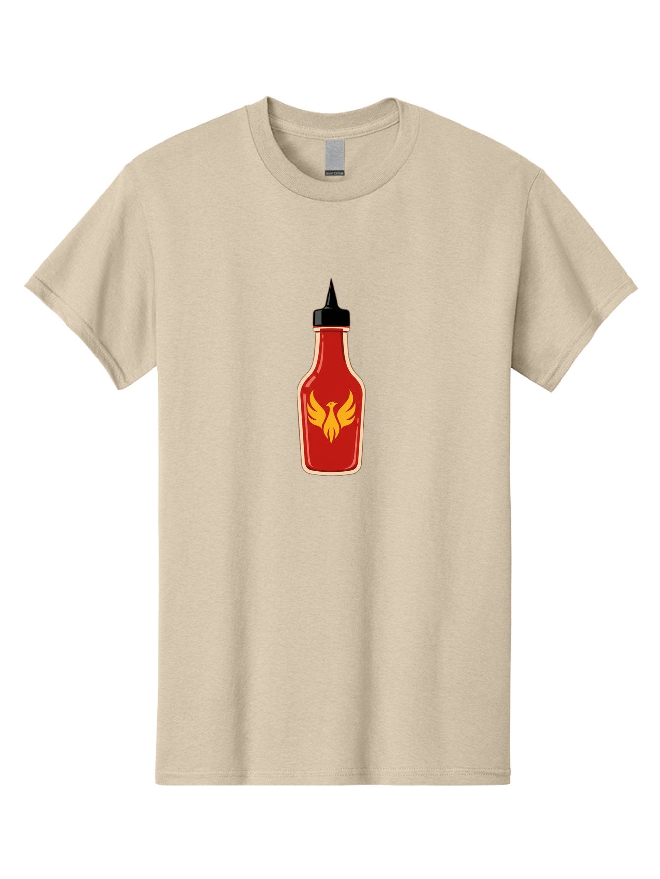Hot-Sauce-Bottle-7 Men'S Graphic Tee, 100% Cotton, Comfortable Casual Summer Wear, Machine Washable, Hot Sauce Bottle, Red Sauce, Black Cap, Yellow Bird Logo, Wings Outstretched, Fiery Design, Spicy Condiment, Food Seasoning, Culinary Art Baa831