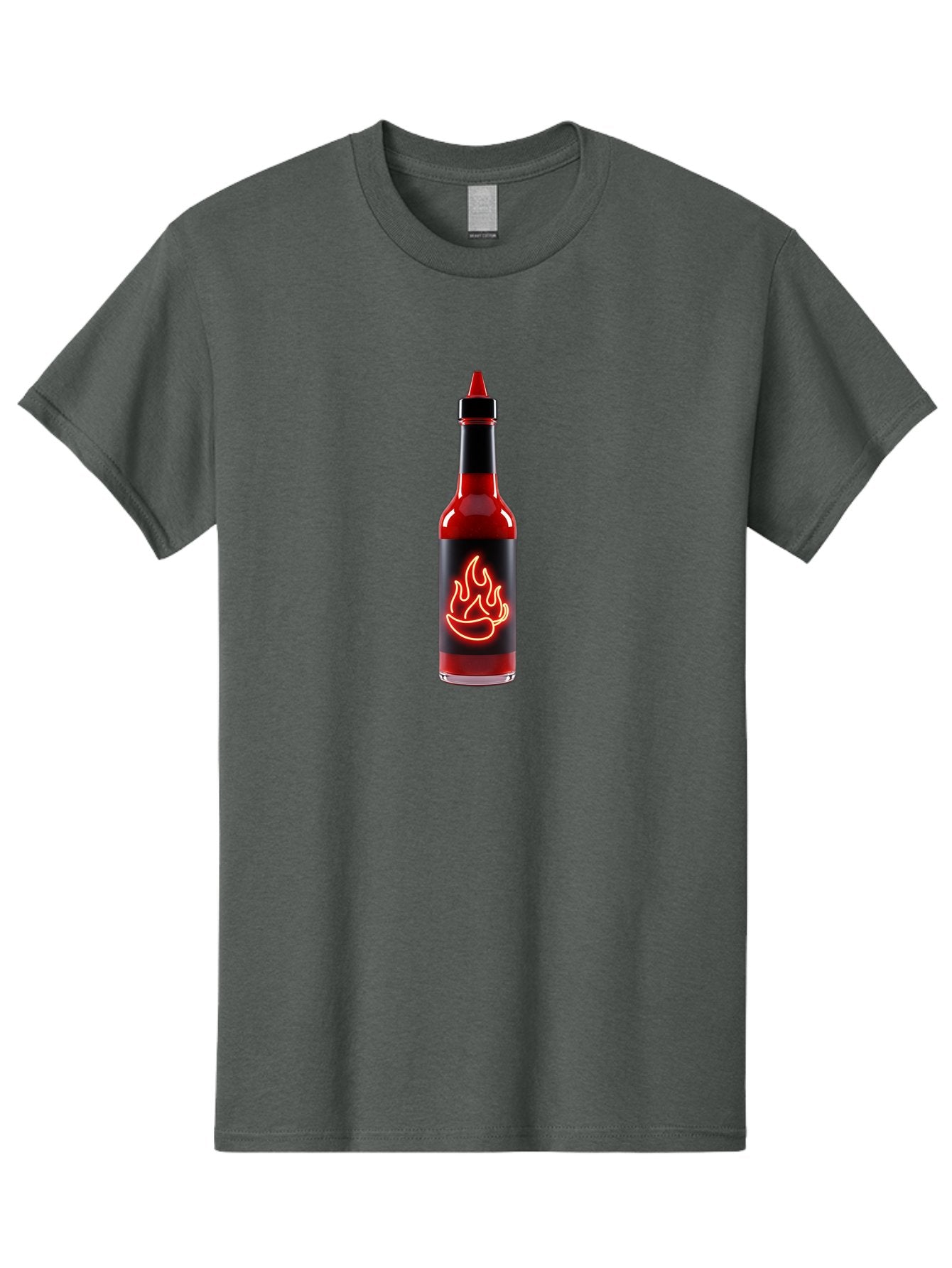 Hot-Sauce-Bottle-9 Men'S Graphic Tee, 100% Cotton, Comfortable Casual Summer Wear, Machine Washable, Hot Sauce, Spicy Condiment, Chili Peppers, Fiery Flavor, Red Sauce, Bottle With Pointed Cap, Neon Flame Design, Black Label Baa833 15