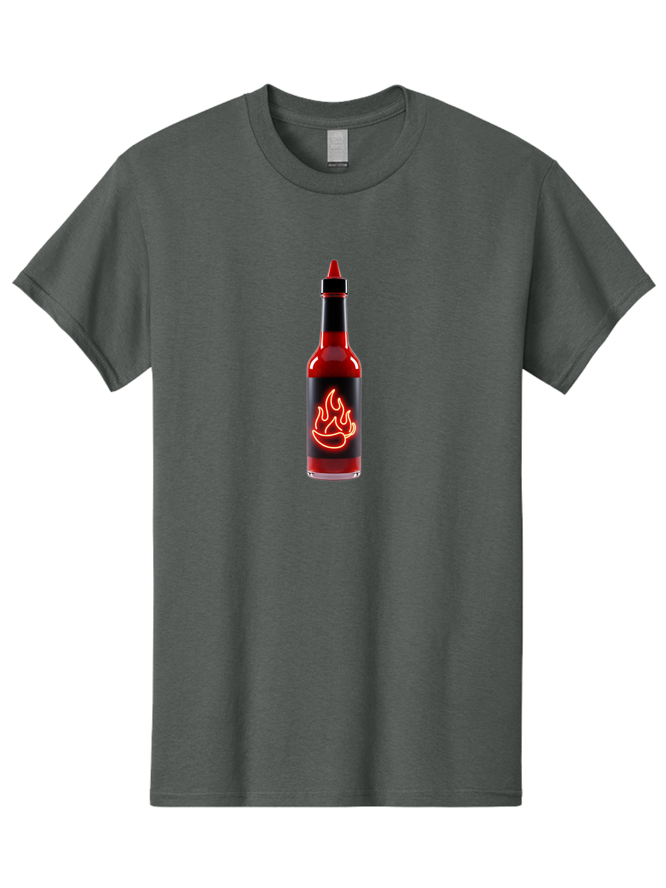 Hot-Sauce-Bottle-9 Men'S Graphic Tee, 100% Cotton, Comfortable Casual Summer Wear, Machine Washable, Hot Sauce, Spicy Condiment, Chili Peppers, Fiery Flavor, Red Sauce, Bottle With Pointed Cap, Neon Flame Design, Black Label Baa833