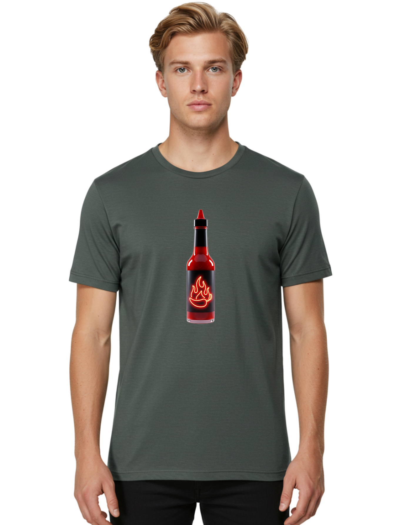 Hot-Sauce-Bottle-9 Men'S Graphic Tee, 100% Cotton, Comfortable Casual Summer Wear, Machine Washable, Hot Sauce, Spicy Condiment, Chili Peppers, Fiery Flavor, Red Sauce, Bottle With Pointed Cap, Neon Flame Design, Black Label Baa833