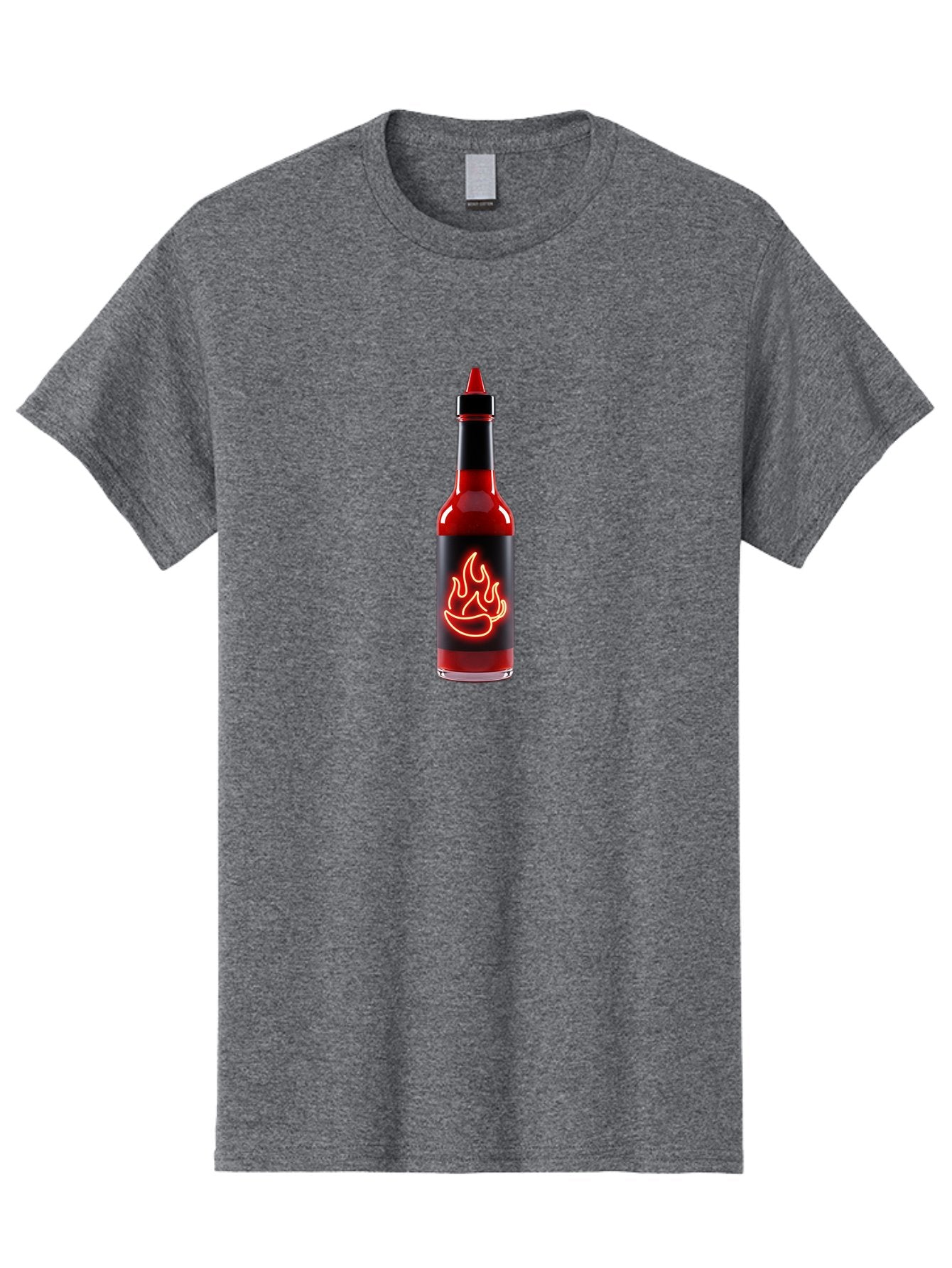 Hot-Sauce-Bottle-9 Men'S Graphic Tee, 100% Cotton, Comfortable Casual Summer Wear, Machine Washable, Hot Sauce, Spicy Condiment, Chili Peppers, Fiery Flavor, Red Sauce, Bottle With Pointed Cap, Neon Flame Design, Black Label Baa833