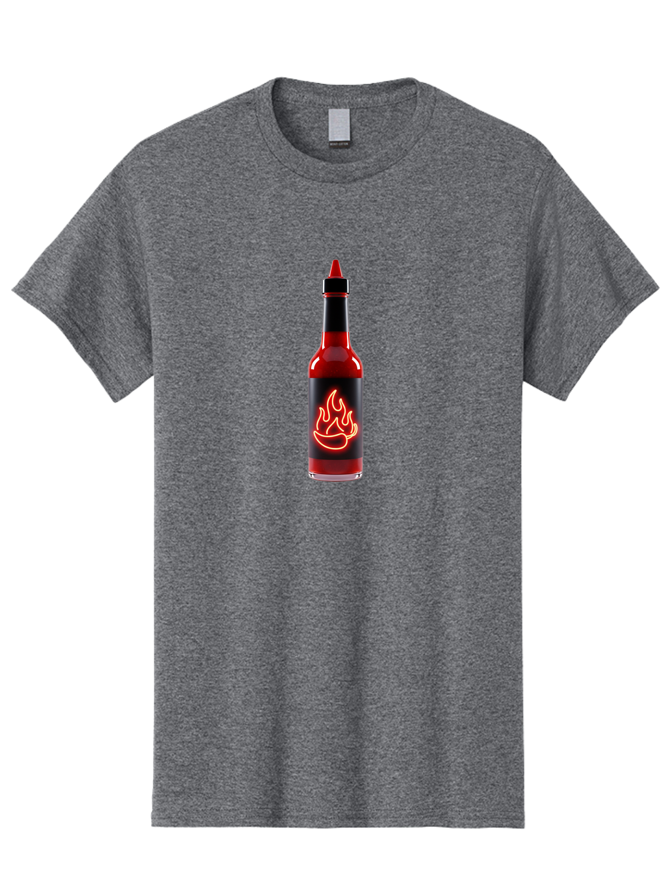 Hot-Sauce-Bottle-9 Men'S Graphic Tee, 100% Cotton, Comfortable Casual Summer Wear, Machine Washable, Hot Sauce, Spicy Condiment, Chili Peppers, Fiery Flavor, Red Sauce, Bottle With Pointed Cap, Neon Flame Design, Black Label Baa833 21