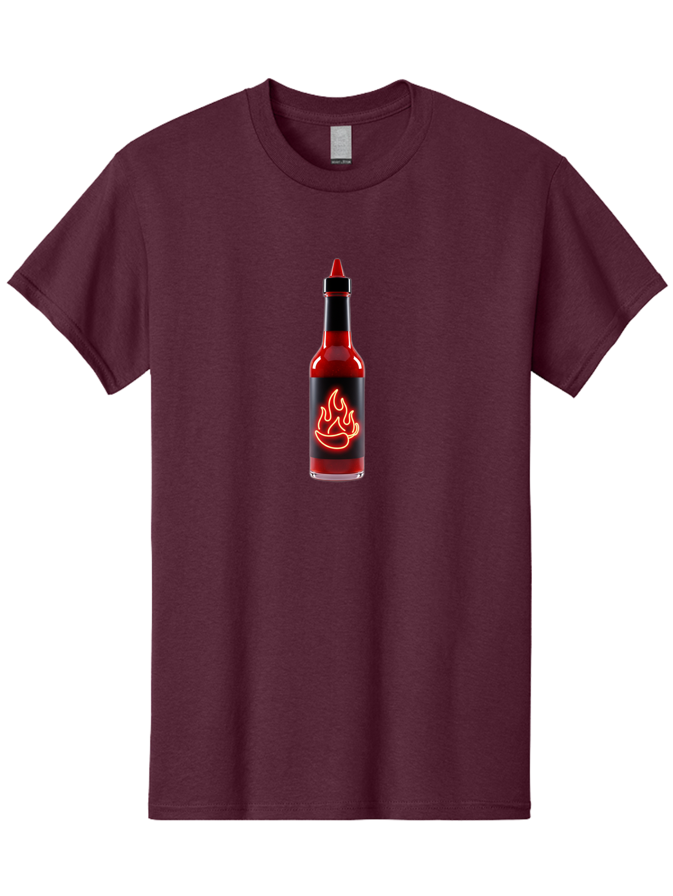 Hot-Sauce-Bottle-9 Men'S Graphic Tee, 100% Cotton, Comfortable Casual Summer Wear, Machine Washable, Hot Sauce, Spicy Condiment, Chili Peppers, Fiery Flavor, Red Sauce, Bottle With Pointed Cap, Neon Flame Design, Black Label Baa833 13