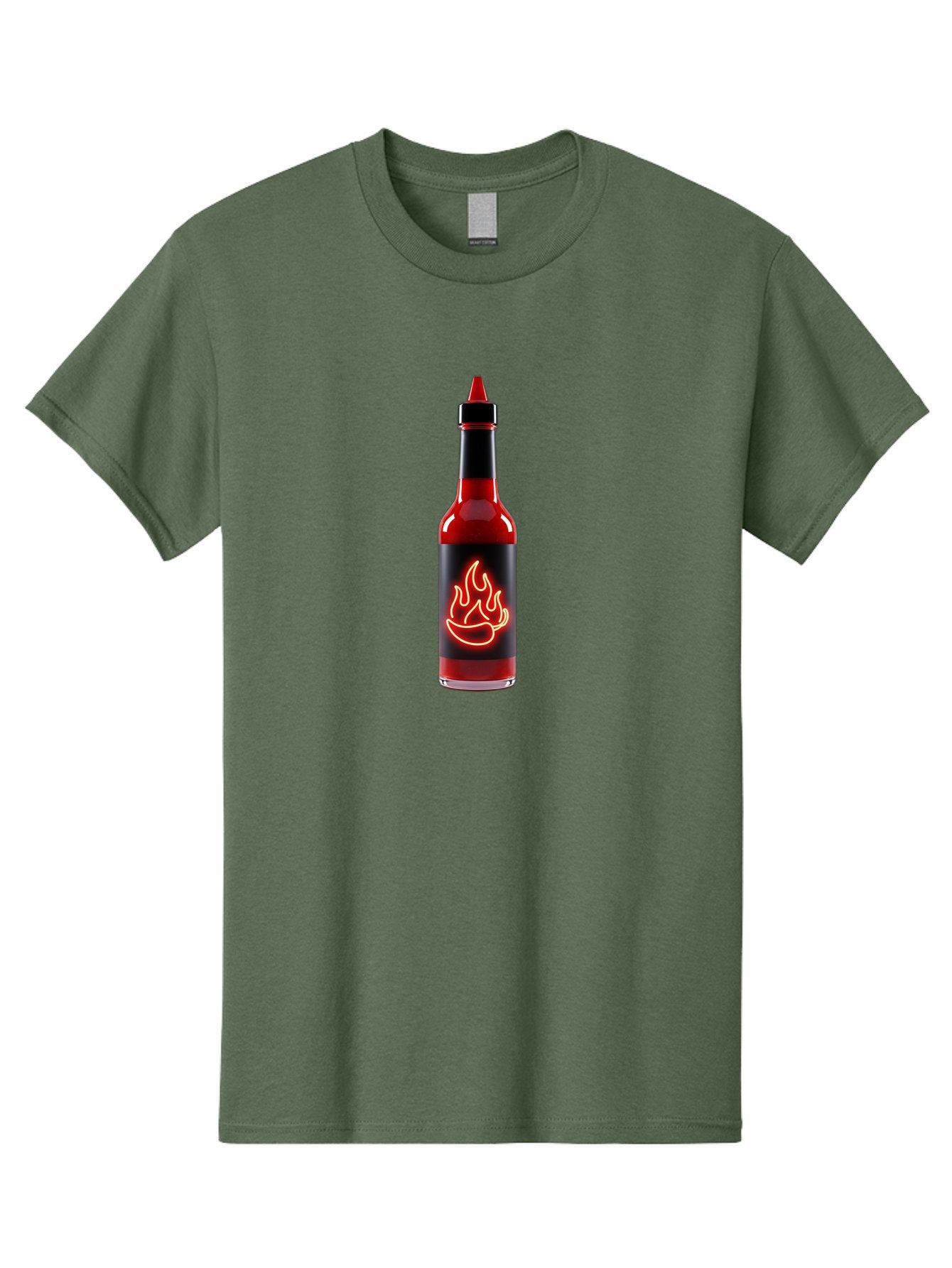 Hot-Sauce-Bottle-9 Men'S Graphic Tee, 100% Cotton, Comfortable Casual Summer Wear, Machine Washable, Hot Sauce, Spicy Condiment, Chili Peppers, Fiery Flavor, Red Sauce, Bottle With Pointed Cap, Neon Flame Design, Black Label Baa833 12