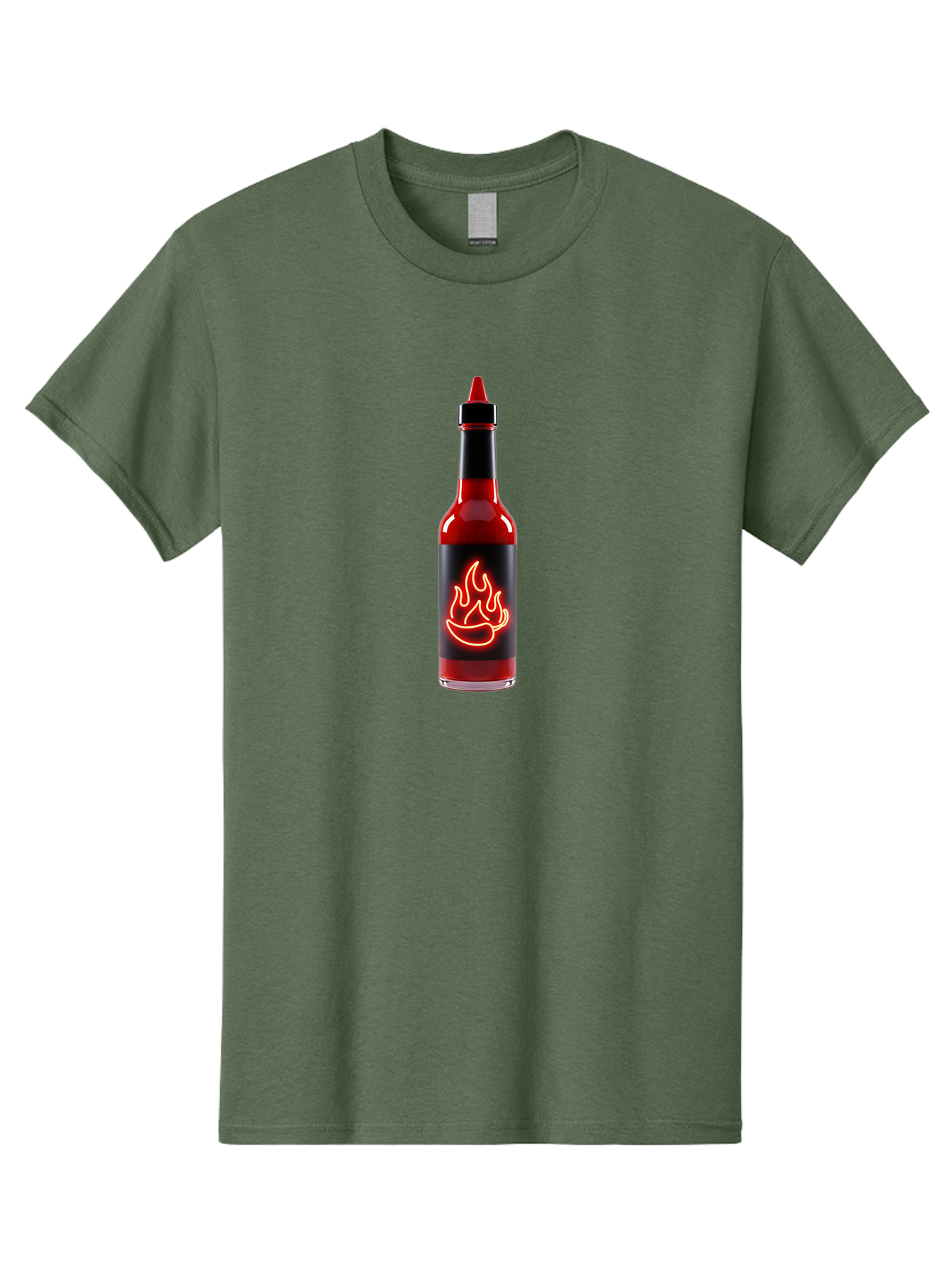 Hot-Sauce-Bottle-9 Men'S Graphic Tee, 100% Cotton, Comfortable Casual Summer Wear, Machine Washable, Hot Sauce, Spicy Condiment, Chili Peppers, Fiery Flavor, Red Sauce, Bottle With Pointed Cap, Neon Flame Design, Black Label Baa833 5