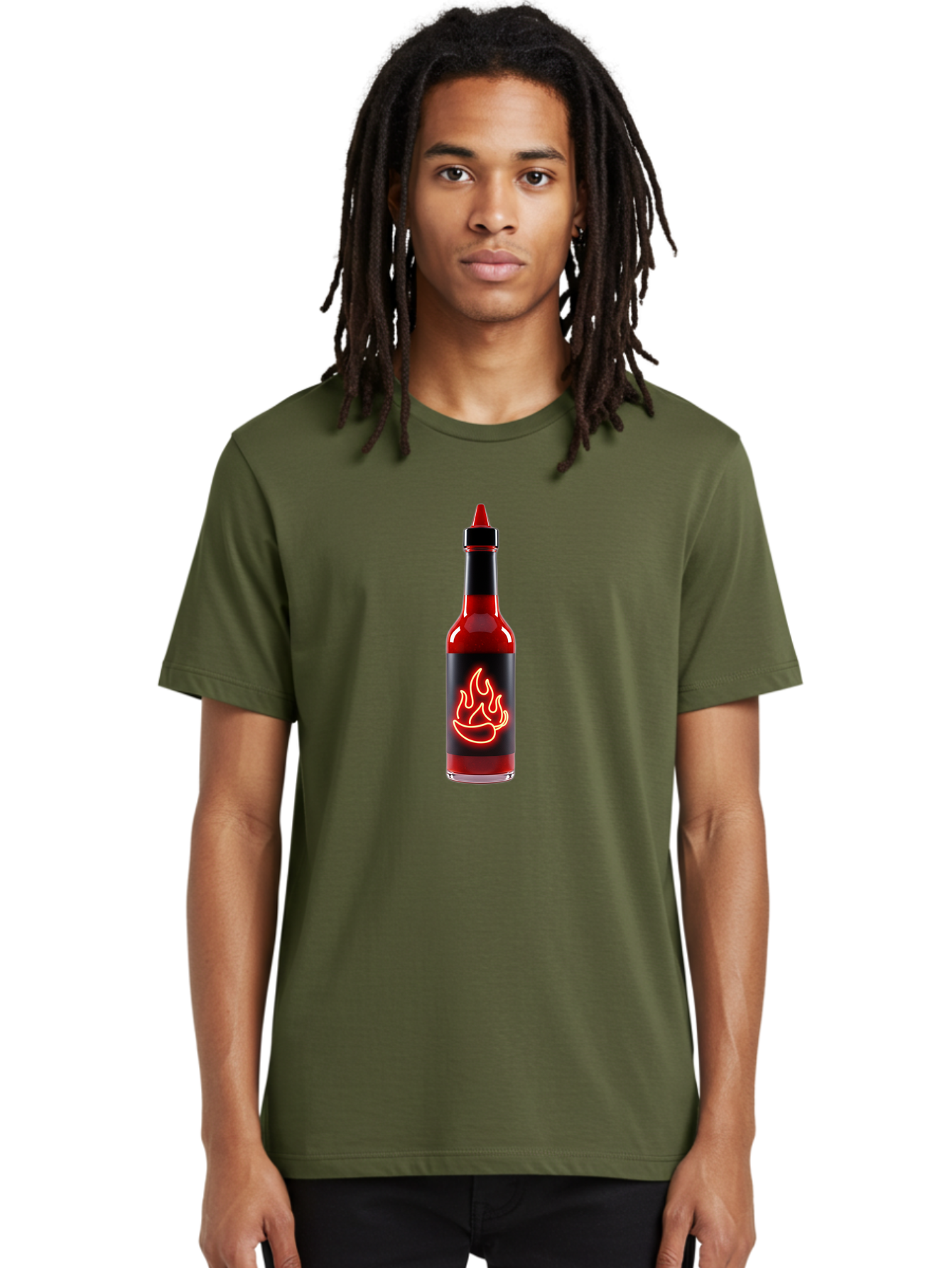 Hot-Sauce-Bottle-9 Men'S Graphic Tee, 100% Cotton, Comfortable Casual Summer Wear, Machine Washable, Hot Sauce, Spicy Condiment, Chili Peppers, Fiery Flavor, Red Sauce, Bottle With Pointed Cap, Neon Flame Design, Black Label Baa833 6