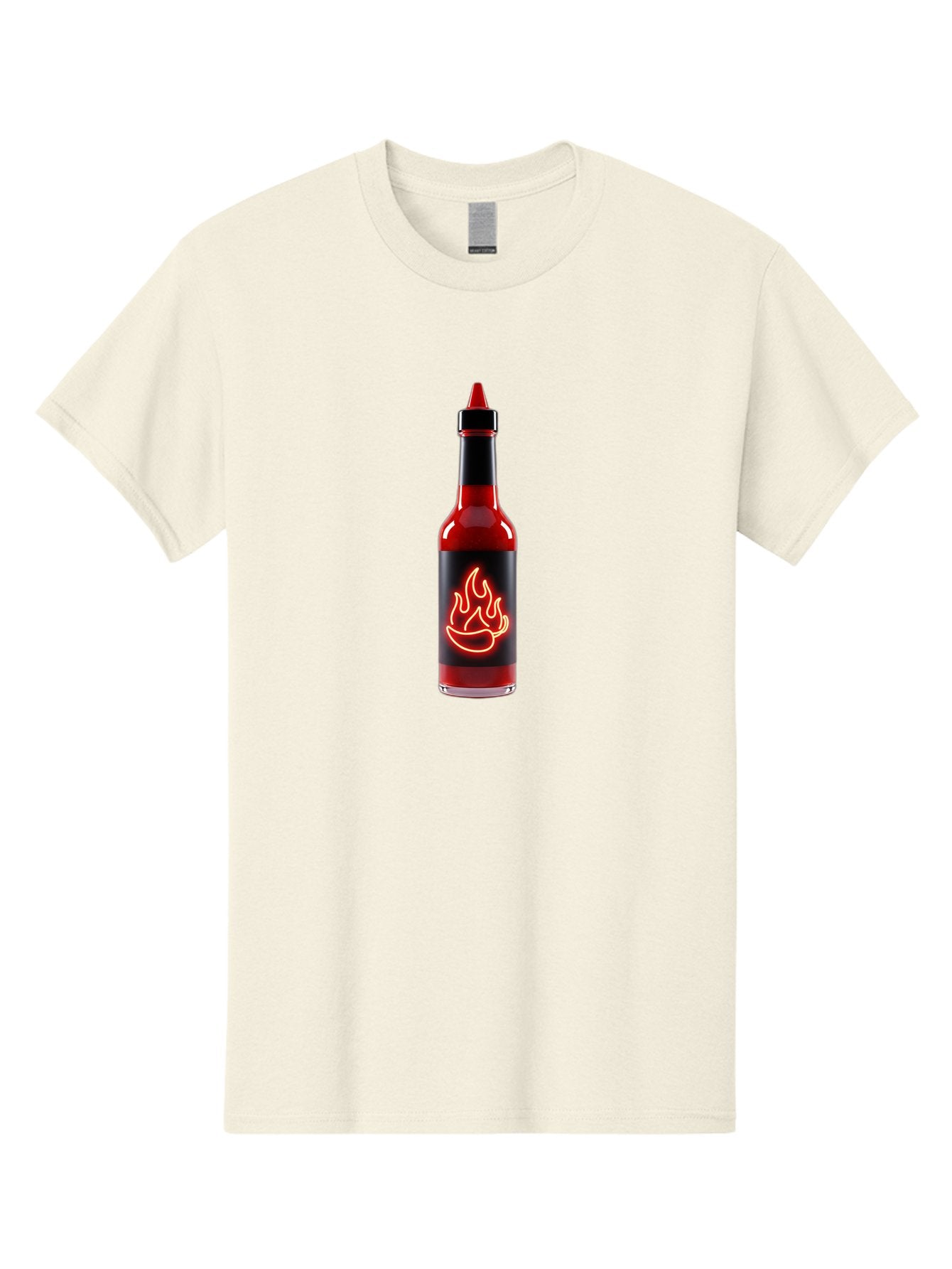 Hot-Sauce-Bottle-9 Men'S Graphic Tee, 100% Cotton, Comfortable Casual Summer Wear, Machine Washable, Hot Sauce, Spicy Condiment, Chili Peppers, Fiery Flavor, Red Sauce, Bottle With Pointed Cap, Neon Flame Design, Black Label Baa833 8
