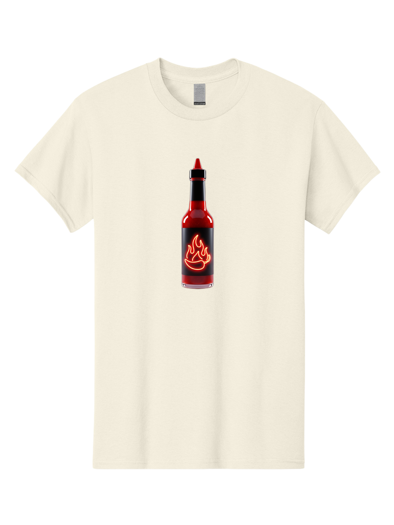 Hot-Sauce-Bottle-9 Men'S Graphic Tee, 100% Cotton, Comfortable Casual Summer Wear, Machine Washable, Hot Sauce, Spicy Condiment, Chili Peppers, Fiery Flavor, Red Sauce, Bottle With Pointed Cap, Neon Flame Design, Black Label Baa833 11