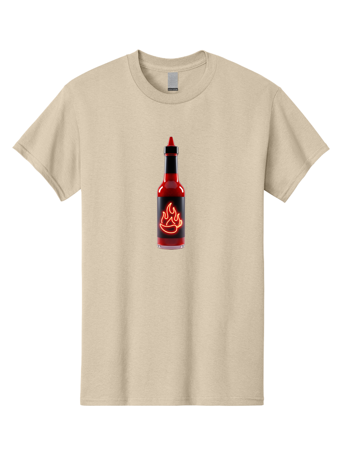 Hot-Sauce-Bottle-9 Men'S Graphic Tee, 100% Cotton, Comfortable Casual Summer Wear, Machine Washable, Hot Sauce, Spicy Condiment, Chili Peppers, Fiery Flavor, Red Sauce, Bottle With Pointed Cap, Neon Flame Design, Black Label Baa833 7
