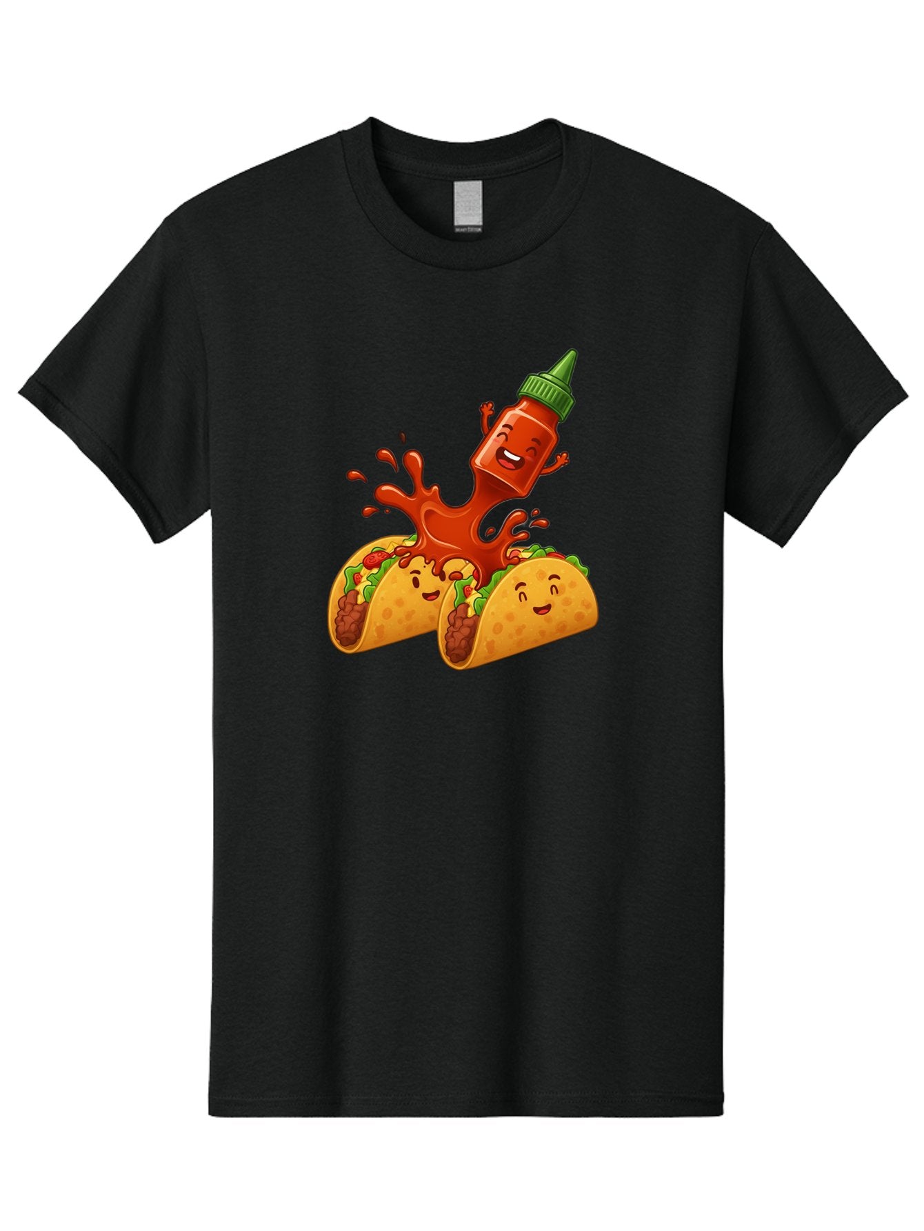 Hot-Sauce-Bottle-And-Tacos Men'S Graphic Tee, 100% Cotton, Comfortable Casual Summer Wear, Machine Washable, Hot Sauce, Ketchup Bottle Character, Cartoon Tacos, Spiky Green Cap, Happy And Playful, Drippy Splatter, Meaty And Leafy Taco Filling, Baa834