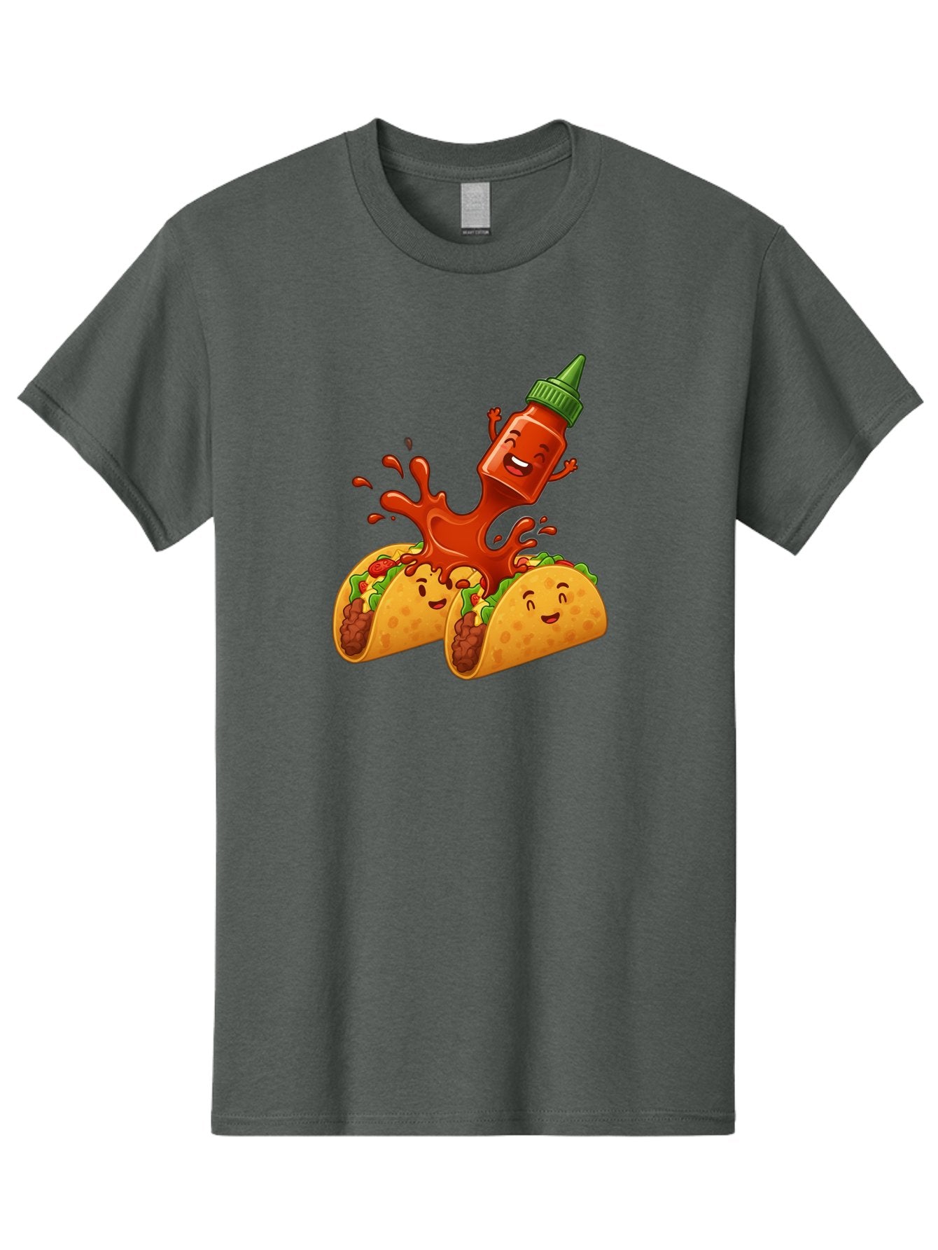 Hot-Sauce-Bottle-And-Tacos Men'S Graphic Tee, 100% Cotton, Comfortable Casual Summer Wear, Machine Washable, Hot Sauce, Ketchup Bottle Character, Cartoon Tacos, Spiky Green Cap, Happy And Playful, Drippy Splatter, Meaty And Leafy Taco Filling, Baa834 11