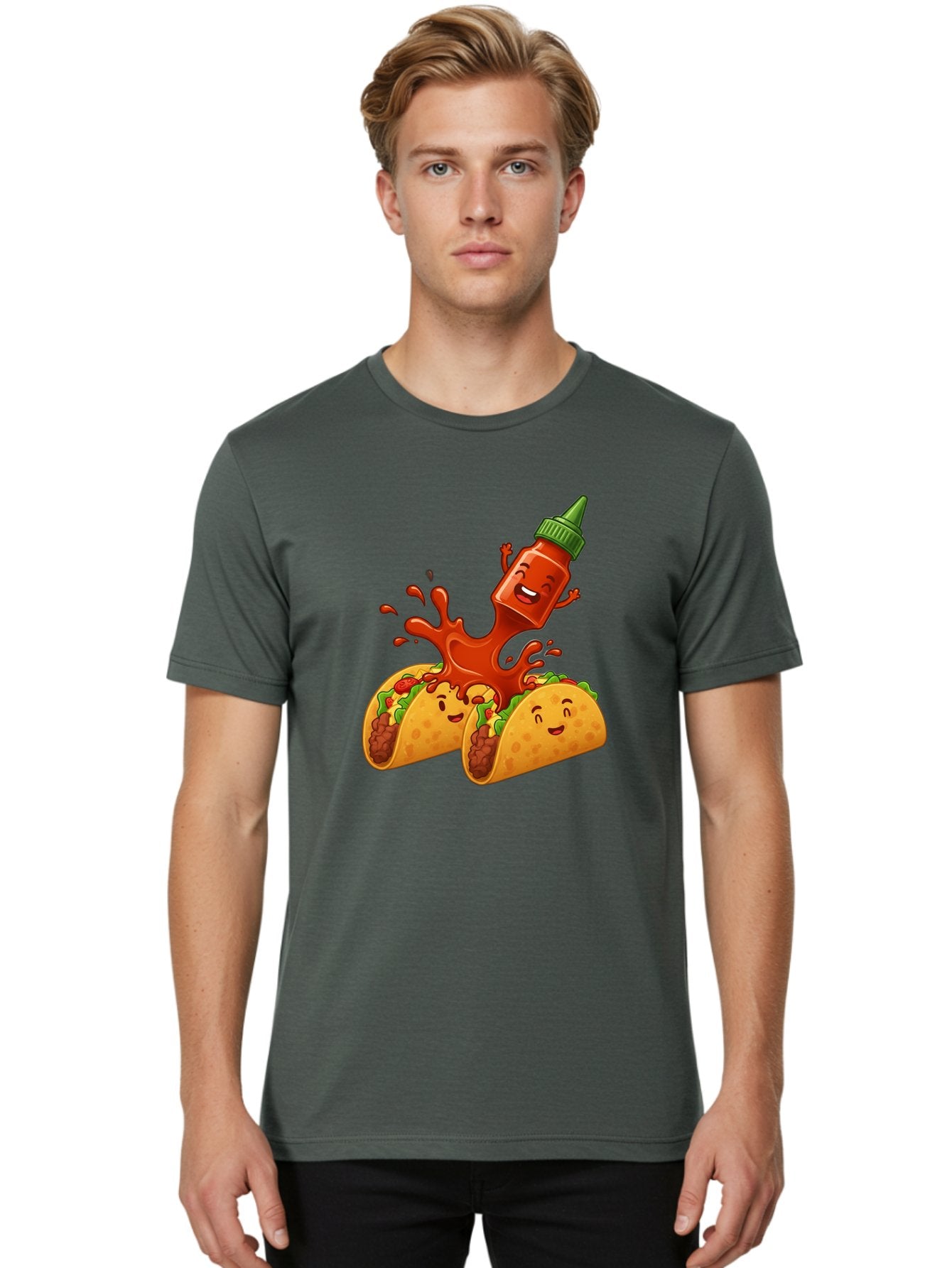 Hot-Sauce-Bottle-And-Tacos Men'S Graphic Tee, 100% Cotton, Comfortable Casual Summer Wear, Machine Washable, Hot Sauce, Ketchup Bottle Character, Cartoon Tacos, Spiky Green Cap, Happy And Playful, Drippy Splatter, Meaty And Leafy Taco Filling, Baa834 27
