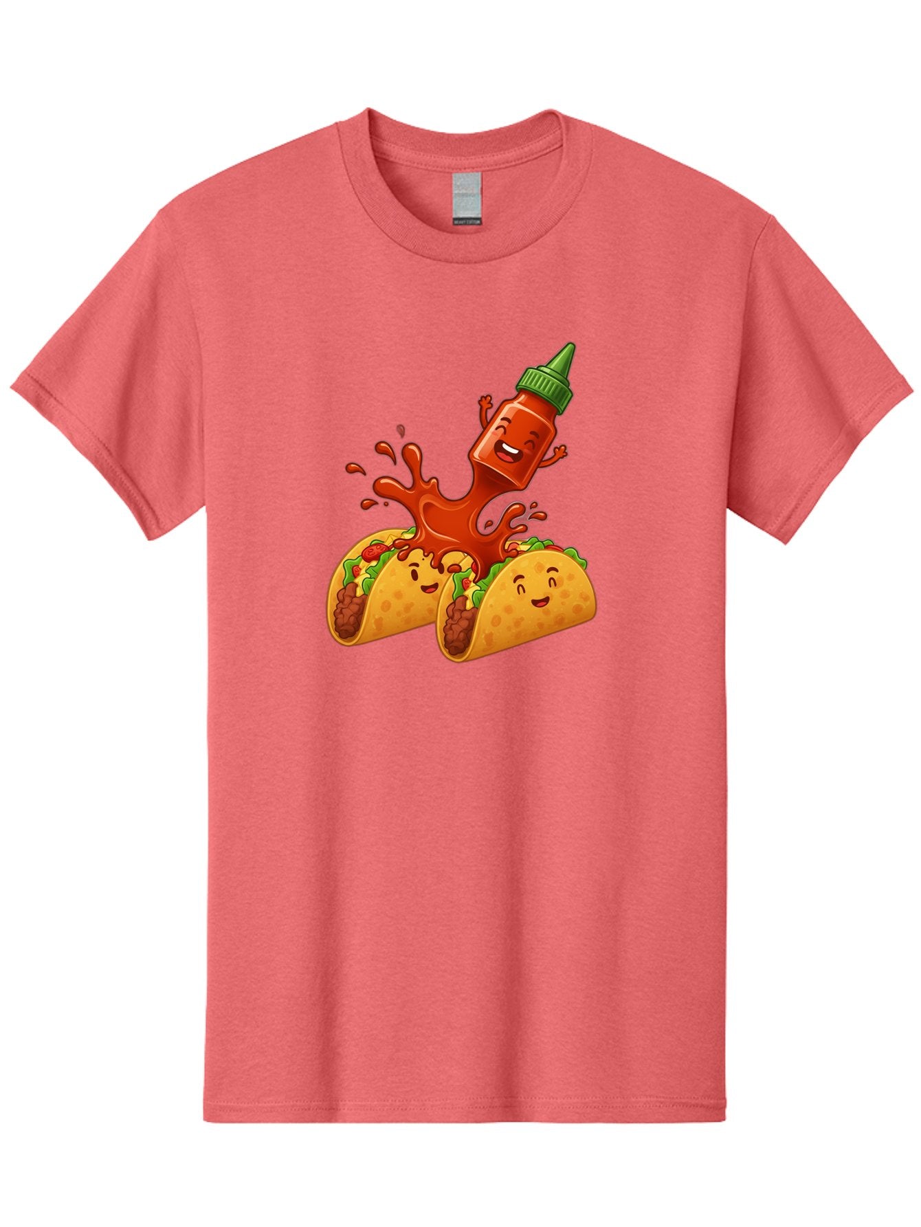 Hot-Sauce-Bottle-And-Tacos Men'S Graphic Tee, 100% Cotton, Comfortable Casual Summer Wear, Machine Washable, Hot Sauce, Ketchup Bottle Character, Cartoon Tacos, Spiky Green Cap, Happy And Playful, Drippy Splatter, Meaty And Leafy Taco Filling, Baa834