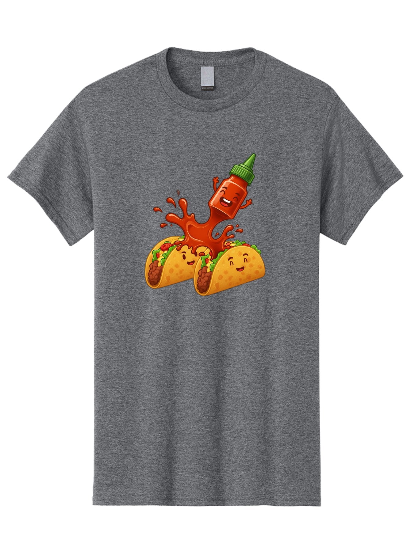 Hot-Sauce-Bottle-And-Tacos Men'S Graphic Tee, 100% Cotton, Comfortable Casual Summer Wear, Machine Washable, Hot Sauce, Ketchup Bottle Character, Cartoon Tacos, Spiky Green Cap, Happy And Playful, Drippy Splatter, Meaty And Leafy Taco Filling, Baa834 12