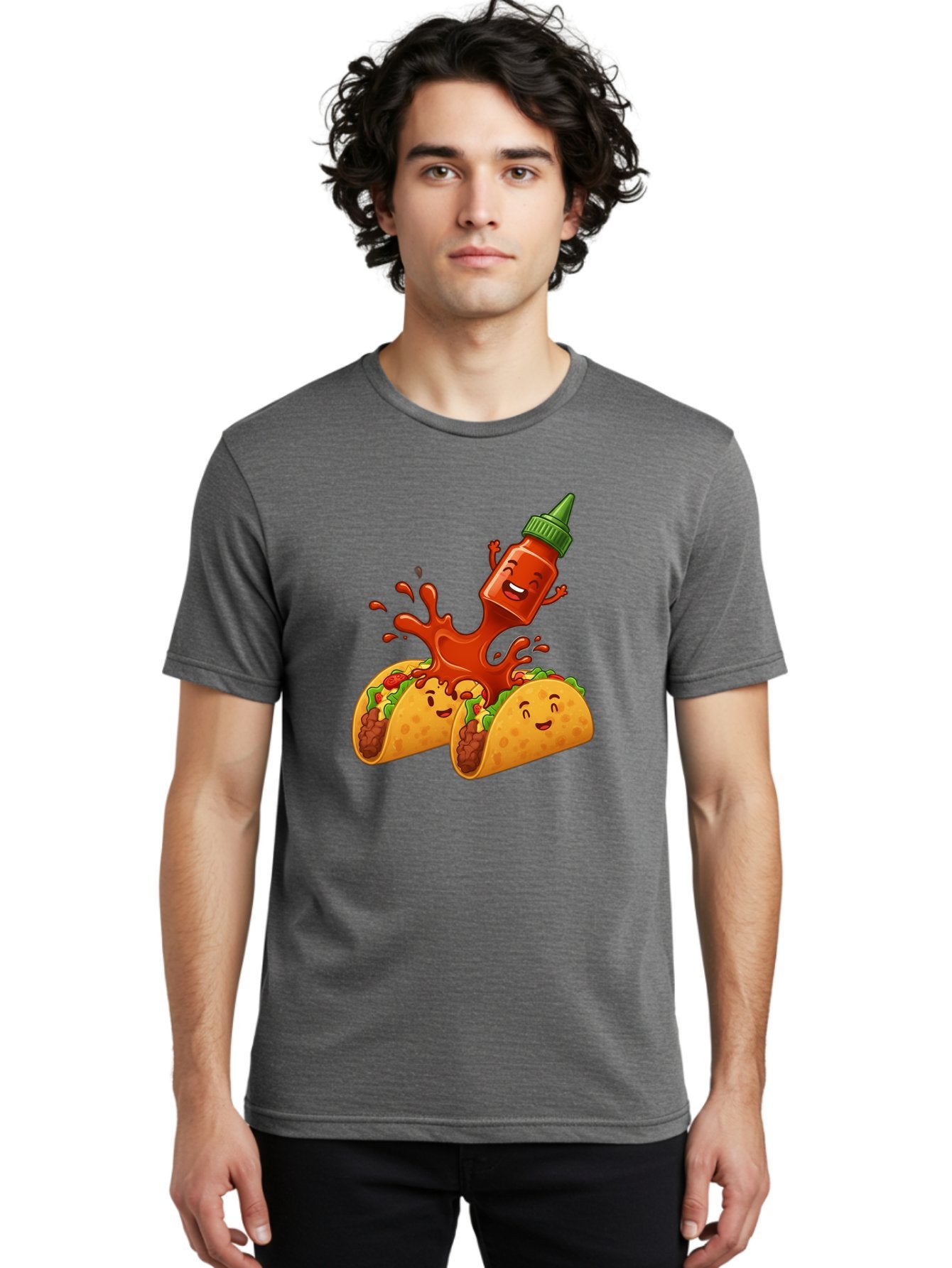 Hot-Sauce-Bottle-And-Tacos Men'S Graphic Tee, 100% Cotton, Comfortable Casual Summer Wear, Machine Washable, Hot Sauce, Ketchup Bottle Character, Cartoon Tacos, Spiky Green Cap, Happy And Playful, Drippy Splatter, Meaty And Leafy Taco Filling, Baa834 28