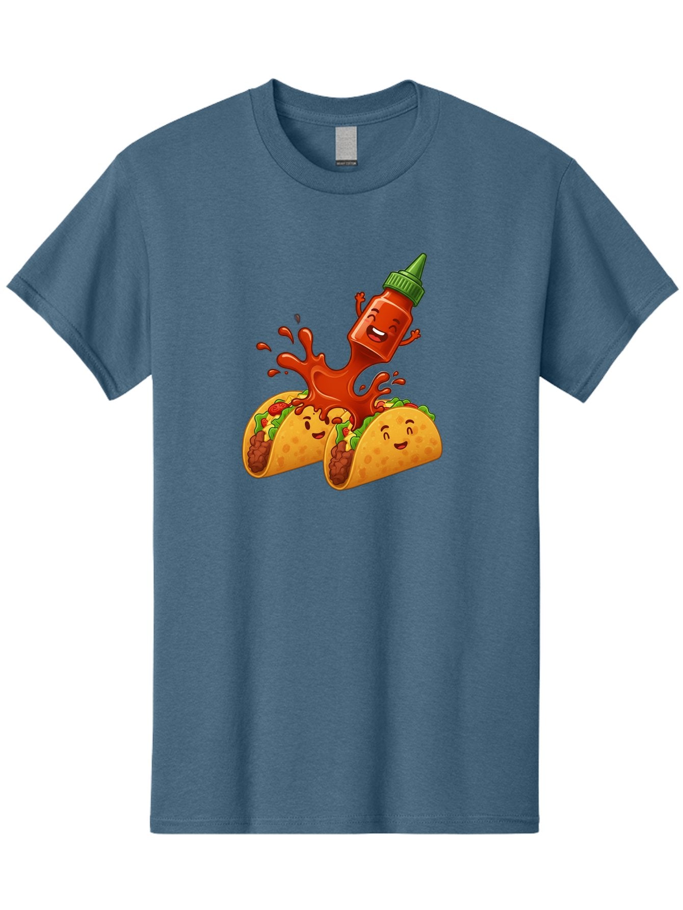 Hot-Sauce-Bottle-And-Tacos Men'S Graphic Tee, 100% Cotton, Comfortable Casual Summer Wear, Machine Washable, Hot Sauce, Ketchup Bottle Character, Cartoon Tacos, Spiky Green Cap, Happy And Playful, Drippy Splatter, Meaty And Leafy Taco Filling, Baa834 13