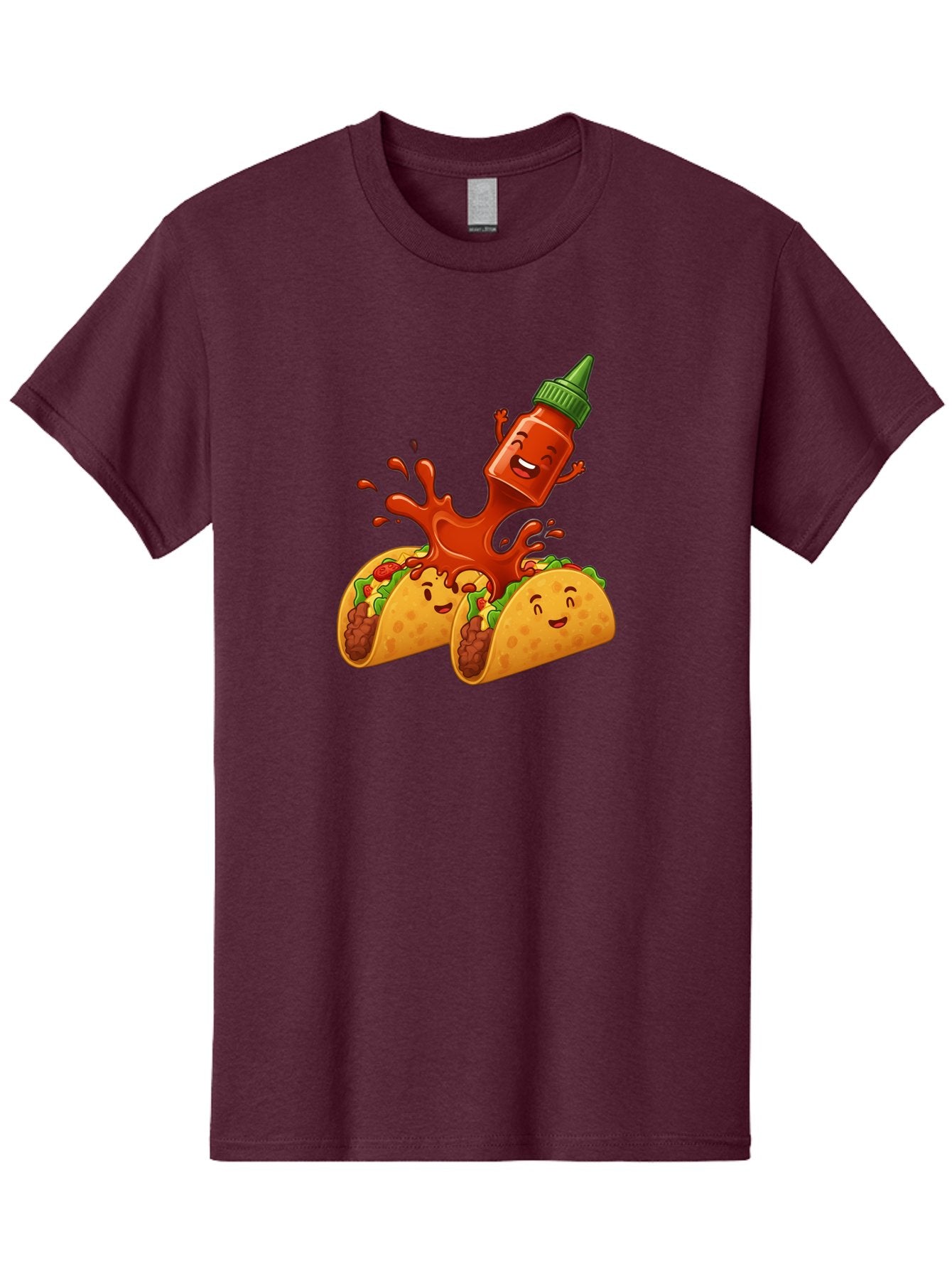 Hot-Sauce-Bottle-And-Tacos Men'S Graphic Tee, 100% Cotton, Comfortable Casual Summer Wear, Machine Washable, Hot Sauce, Ketchup Bottle Character, Cartoon Tacos, Spiky Green Cap, Happy And Playful, Drippy Splatter, Meaty And Leafy Taco Filling, Baa834 3