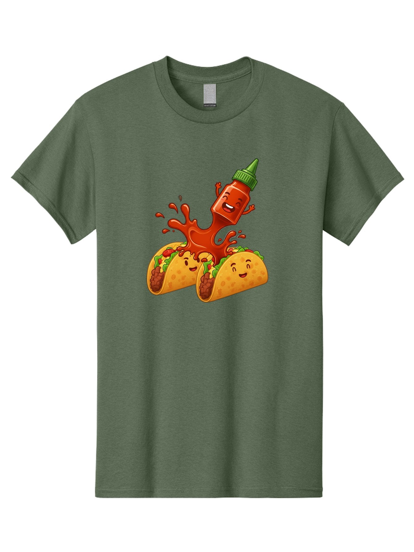 Hot-Sauce-Bottle-And-Tacos Men'S Graphic Tee, 100% Cotton, Comfortable Casual Summer Wear, Machine Washable, Hot Sauce, Ketchup Bottle Character, Cartoon Tacos, Spiky Green Cap, Happy And Playful, Drippy Splatter, Meaty And Leafy Taco Filling, Baa834 8