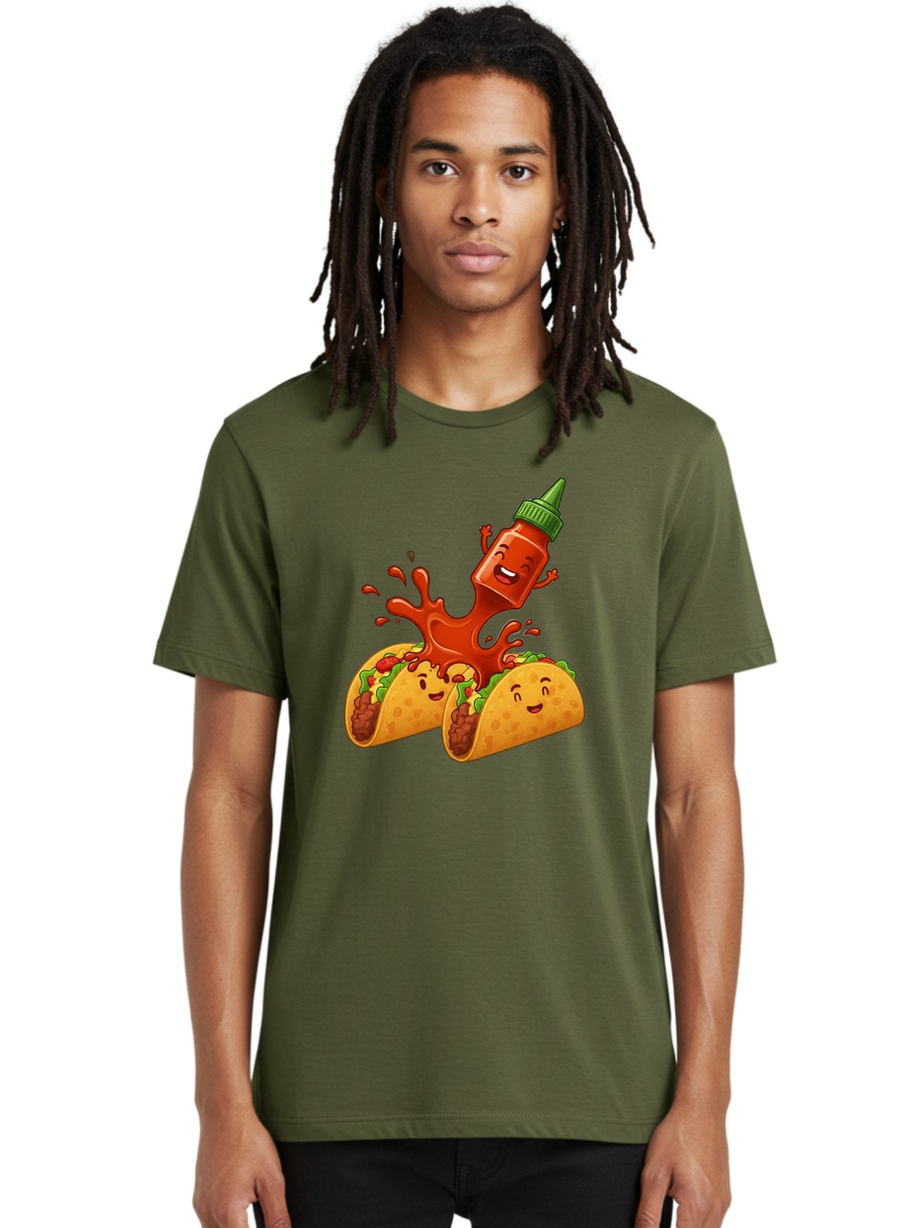 Hot-Sauce-Bottle-And-Tacos Men'S Graphic Tee, 100% Cotton, Comfortable Casual Summer Wear, Machine Washable, Hot Sauce, Ketchup Bottle Character, Cartoon Tacos, Spiky Green Cap, Happy And Playful, Drippy Splatter, Meaty And Leafy Taco Filling, Baa834 25