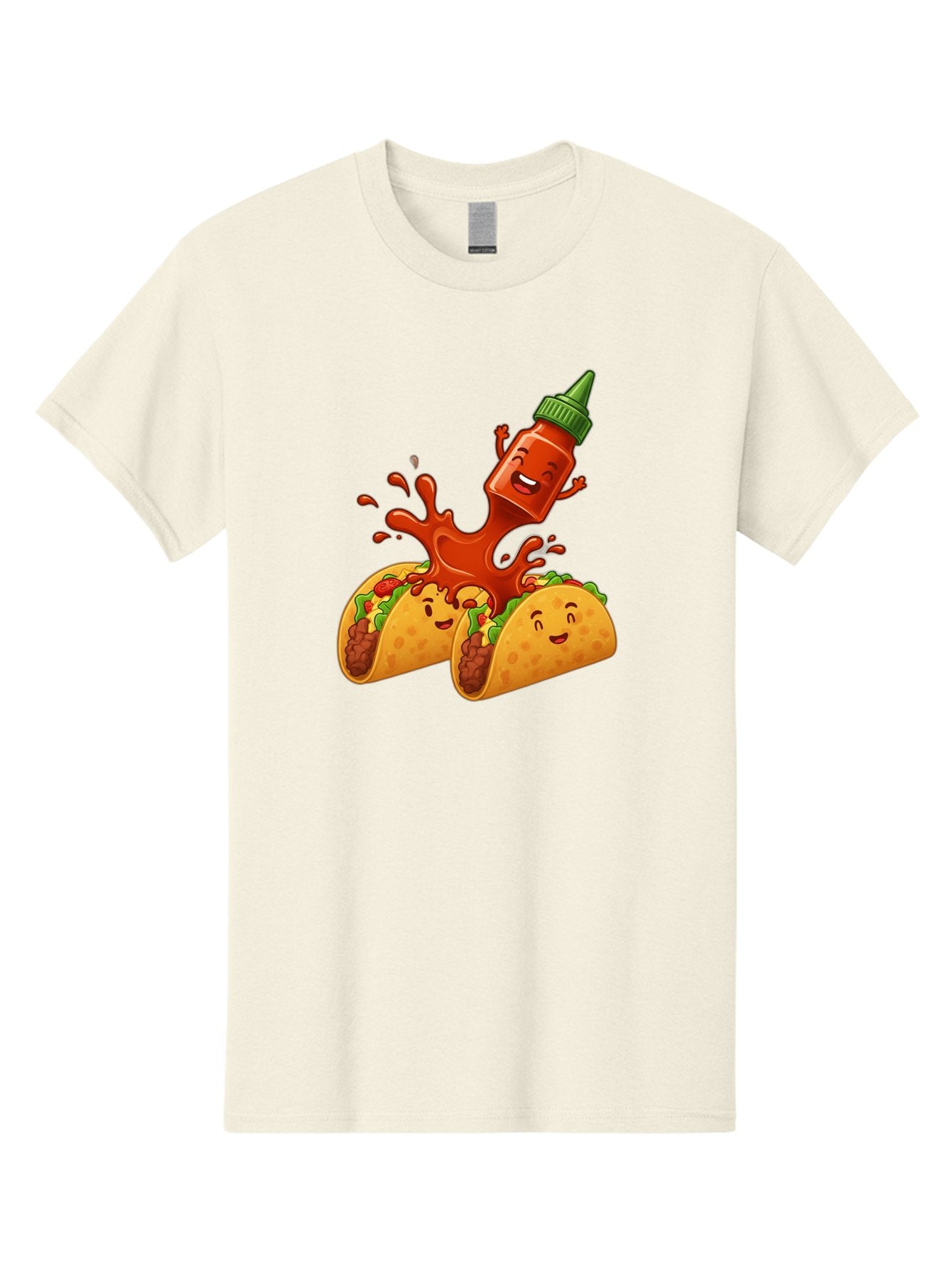Hot-Sauce-Bottle-And-Tacos Men'S Graphic Tee, 100% Cotton, Comfortable Casual Summer Wear, Machine Washable, Hot Sauce, Ketchup Bottle Character, Cartoon Tacos, Spiky Green Cap, Happy And Playful, Drippy Splatter, Meaty And Leafy Taco Filling, Baa834 10