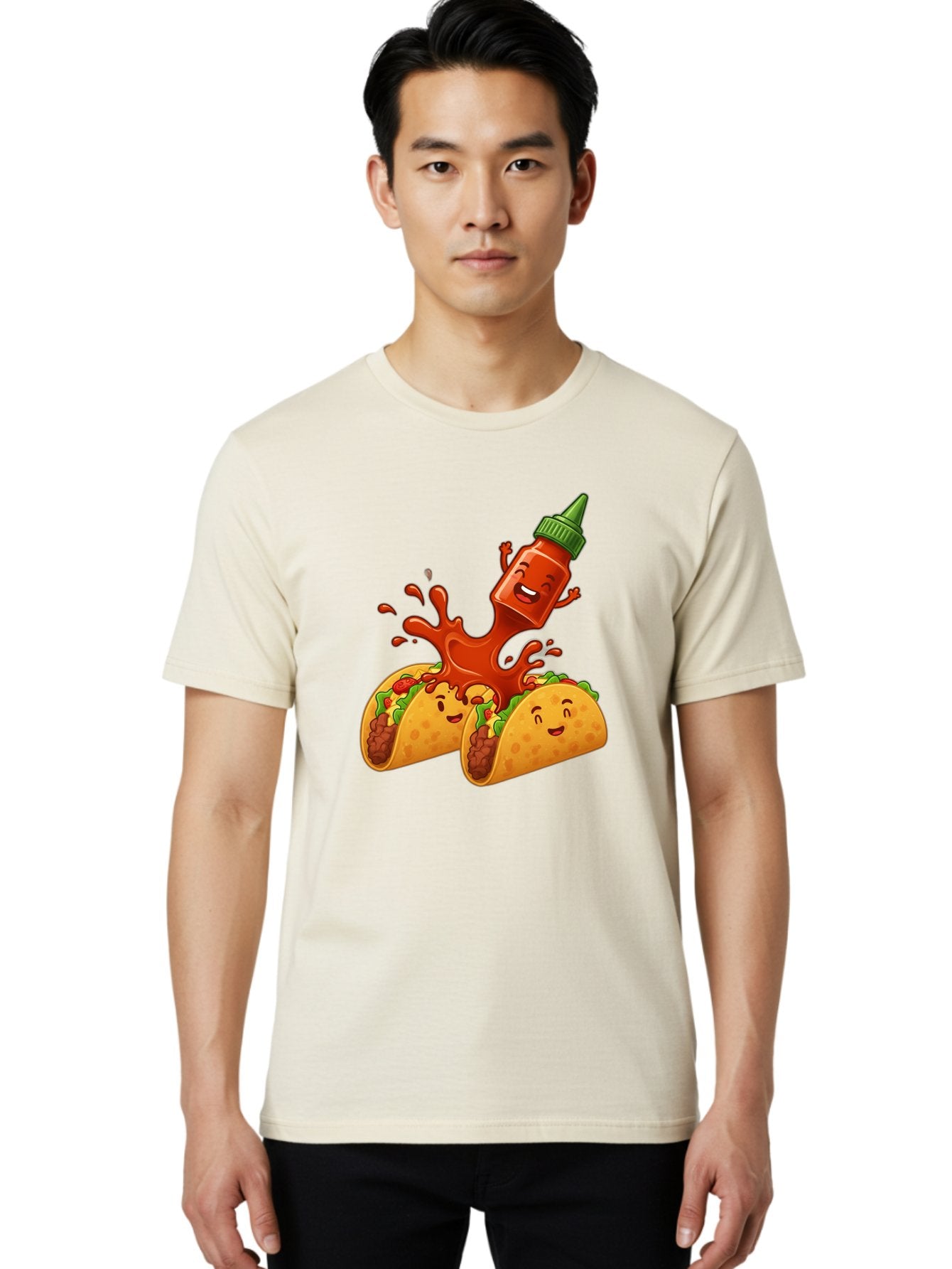 Hot-Sauce-Bottle-And-Tacos Men'S Graphic Tee, 100% Cotton, Comfortable Casual Summer Wear, Machine Washable, Hot Sauce, Ketchup Bottle Character, Cartoon Tacos, Spiky Green Cap, Happy And Playful, Drippy Splatter, Meaty And Leafy Taco Filling, Baa834 17