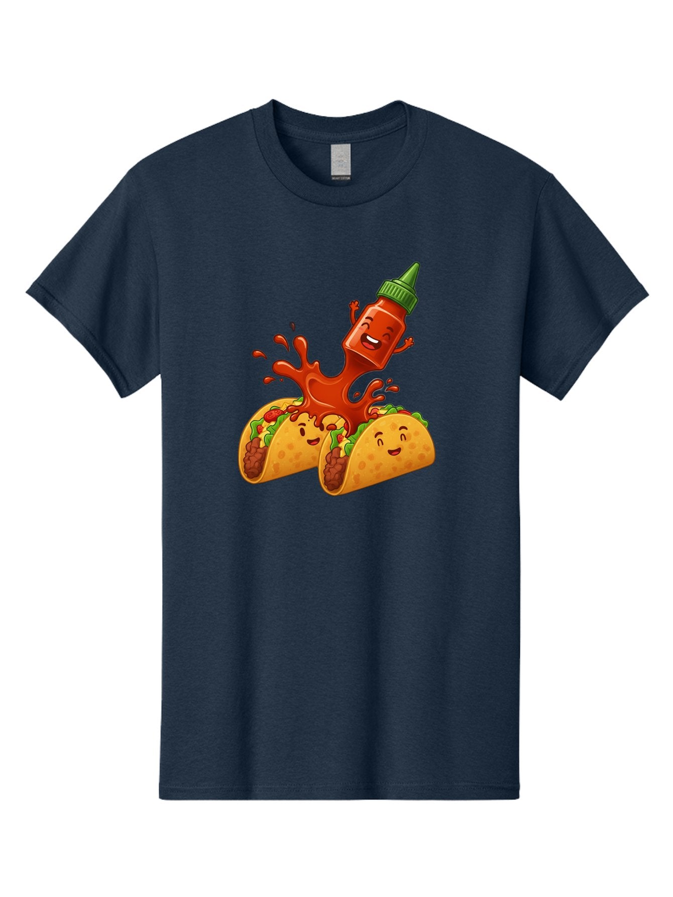 Hot-Sauce-Bottle-And-Tacos Men'S Graphic Tee, 100% Cotton, Comfortable Casual Summer Wear, Machine Washable, Hot Sauce, Ketchup Bottle Character, Cartoon Tacos, Spiky Green Cap, Happy And Playful, Drippy Splatter, Meaty And Leafy Taco Filling, Baa834 14