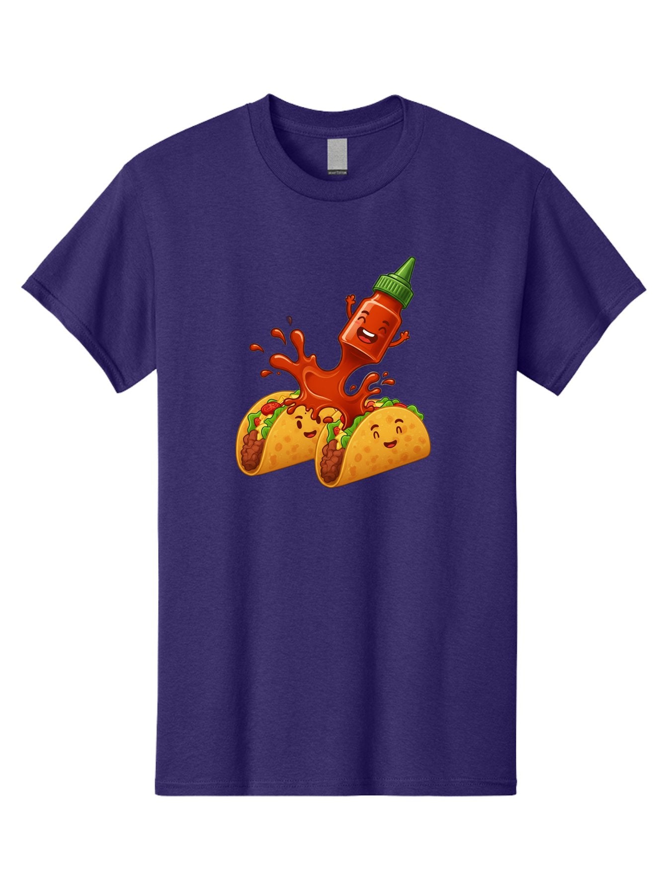Hot-Sauce-Bottle-And-Tacos Men'S Graphic Tee, 100% Cotton, Comfortable Casual Summer Wear, Machine Washable, Hot Sauce, Ketchup Bottle Character, Cartoon Tacos, Spiky Green Cap, Happy And Playful, Drippy Splatter, Meaty And Leafy Taco Filling, Baa834 5