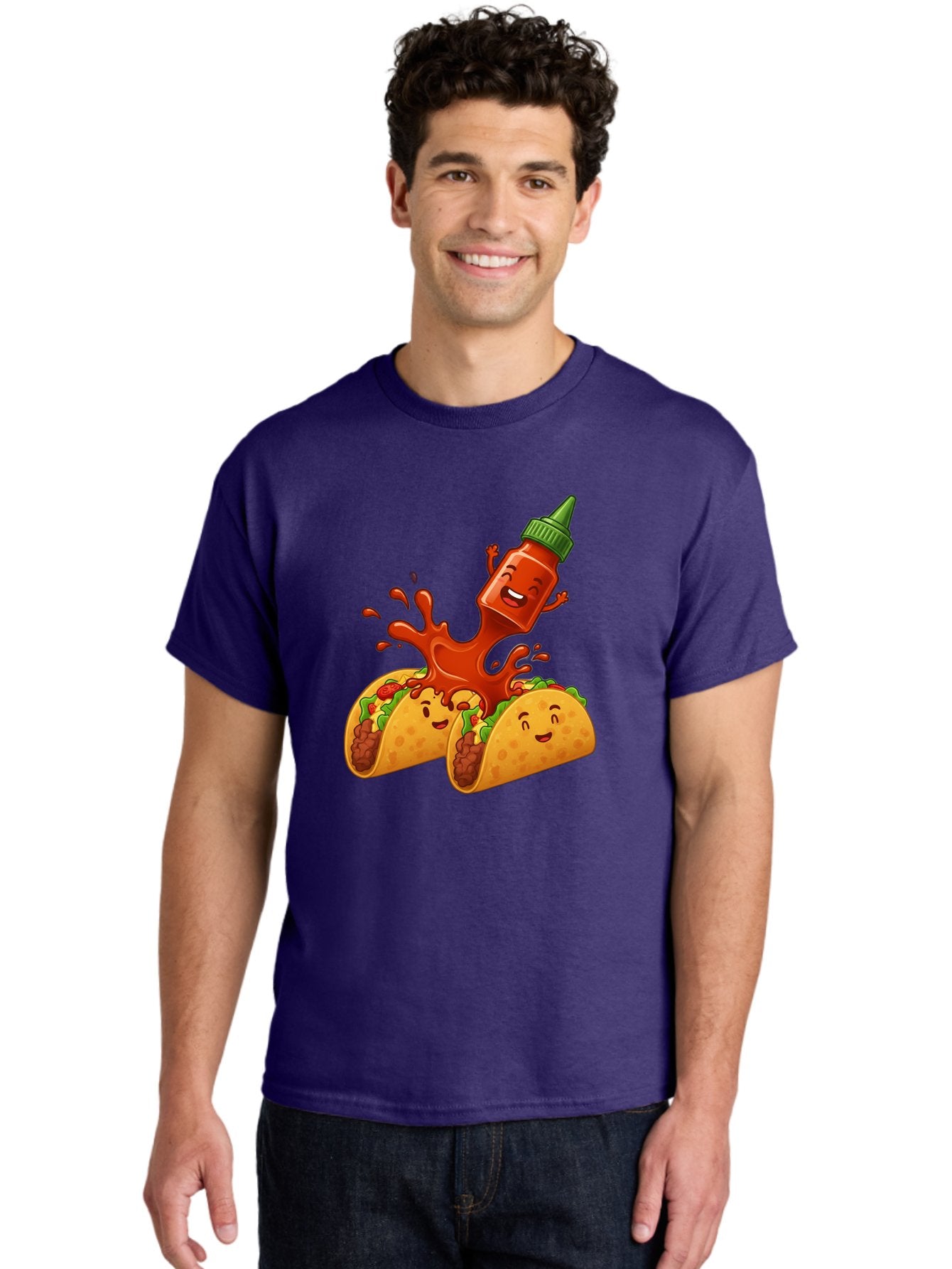 Hot-Sauce-Bottle-And-Tacos Men'S Graphic Tee, 100% Cotton, Comfortable Casual Summer Wear, Machine Washable, Hot Sauce, Ketchup Bottle Character, Cartoon Tacos, Spiky Green Cap, Happy And Playful, Drippy Splatter, Meaty And Leafy Taco Filling, Baa834 23