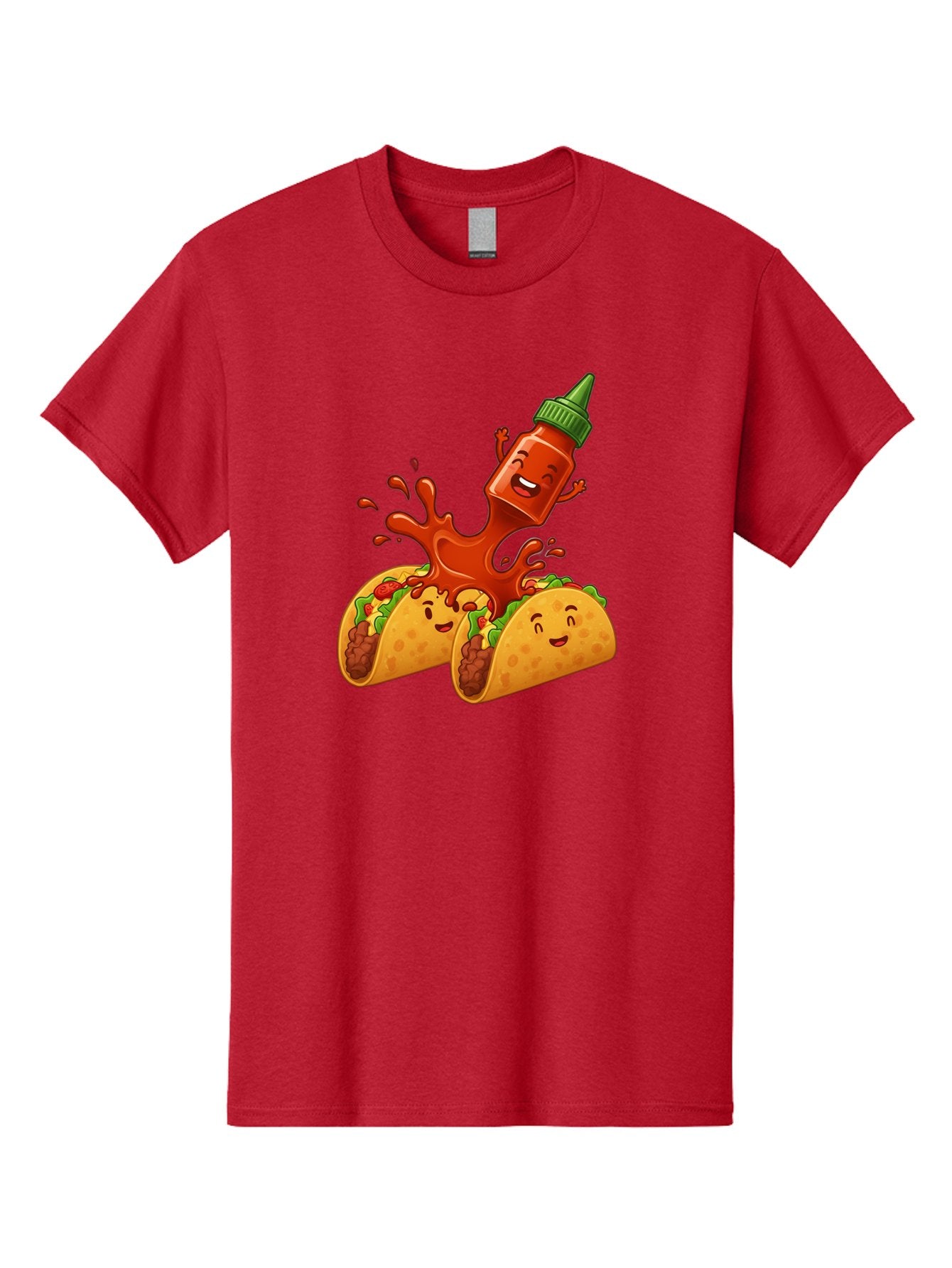 Hot-Sauce-Bottle-And-Tacos Men'S Graphic Tee, 100% Cotton, Comfortable Casual Summer Wear, Machine Washable, Hot Sauce, Ketchup Bottle Character, Cartoon Tacos, Spiky Green Cap, Happy And Playful, Drippy Splatter, Meaty And Leafy Taco Filling, Baa834 7