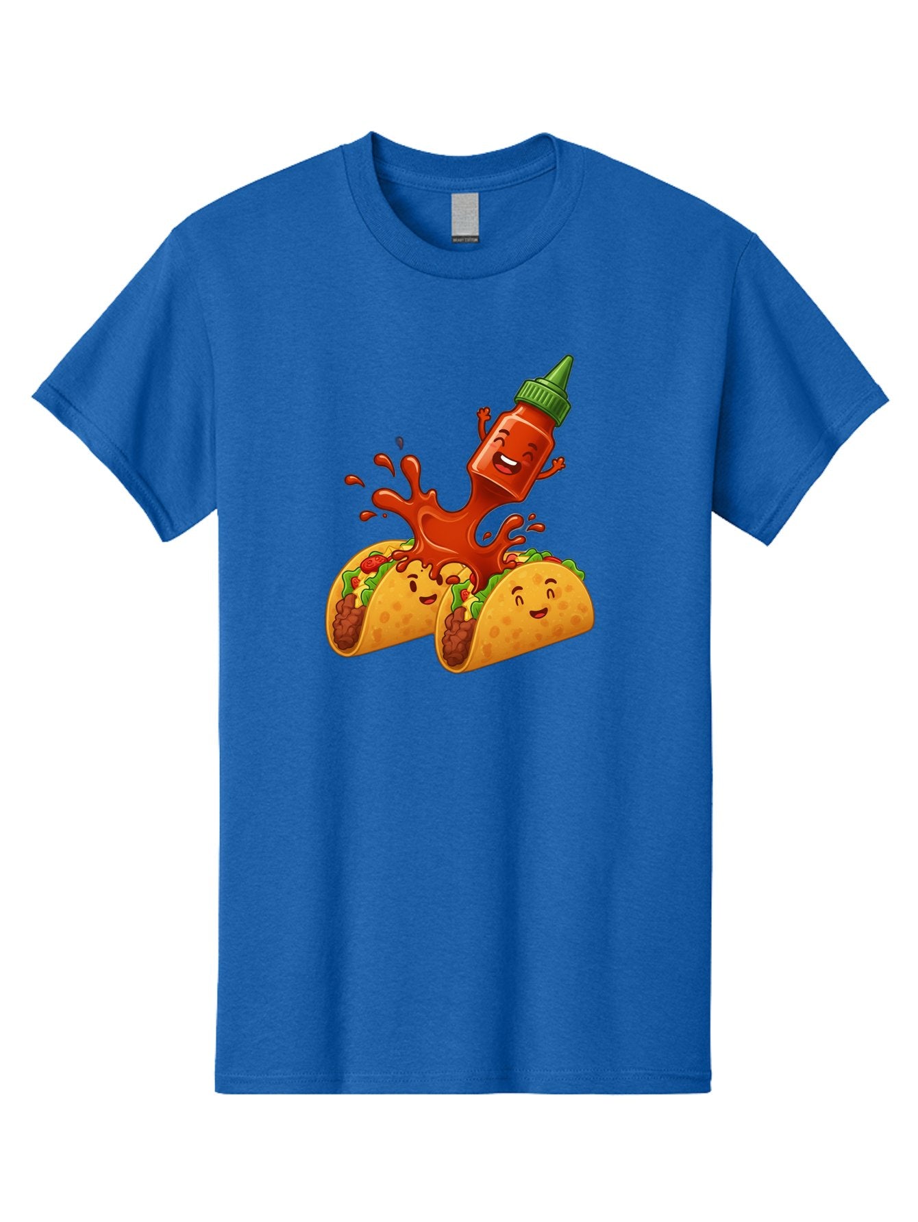 Hot-Sauce-Bottle-And-Tacos Men'S Graphic Tee, 100% Cotton, Comfortable Casual Summer Wear, Machine Washable, Hot Sauce, Ketchup Bottle Character, Cartoon Tacos, Spiky Green Cap, Happy And Playful, Drippy Splatter, Meaty And Leafy Taco Filling, Baa834 6