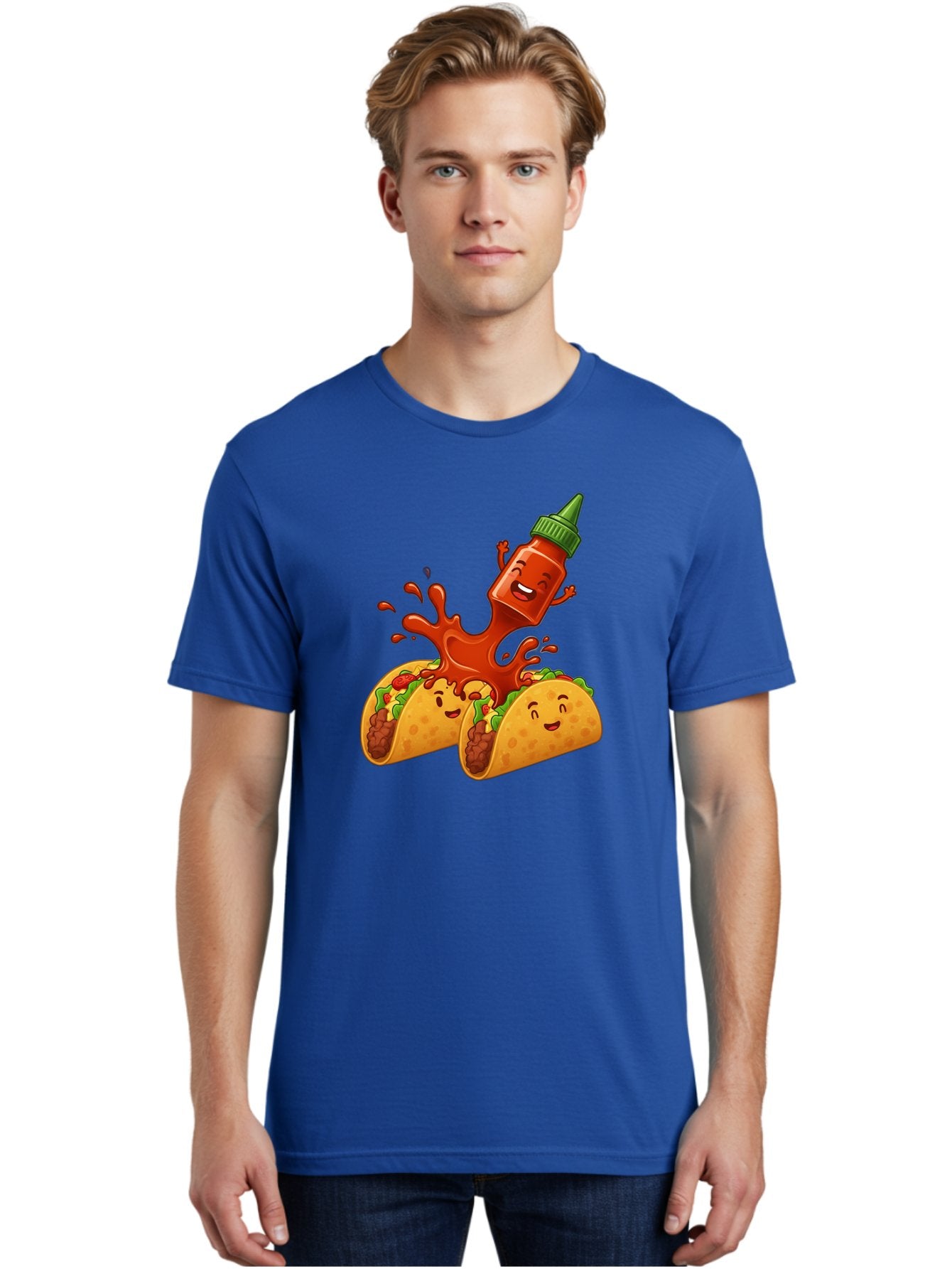 Hot-Sauce-Bottle-And-Tacos Men'S Graphic Tee, 100% Cotton, Comfortable Casual Summer Wear, Machine Washable, Hot Sauce, Ketchup Bottle Character, Cartoon Tacos, Spiky Green Cap, Happy And Playful, Drippy Splatter, Meaty And Leafy Taco Filling, Baa834 24