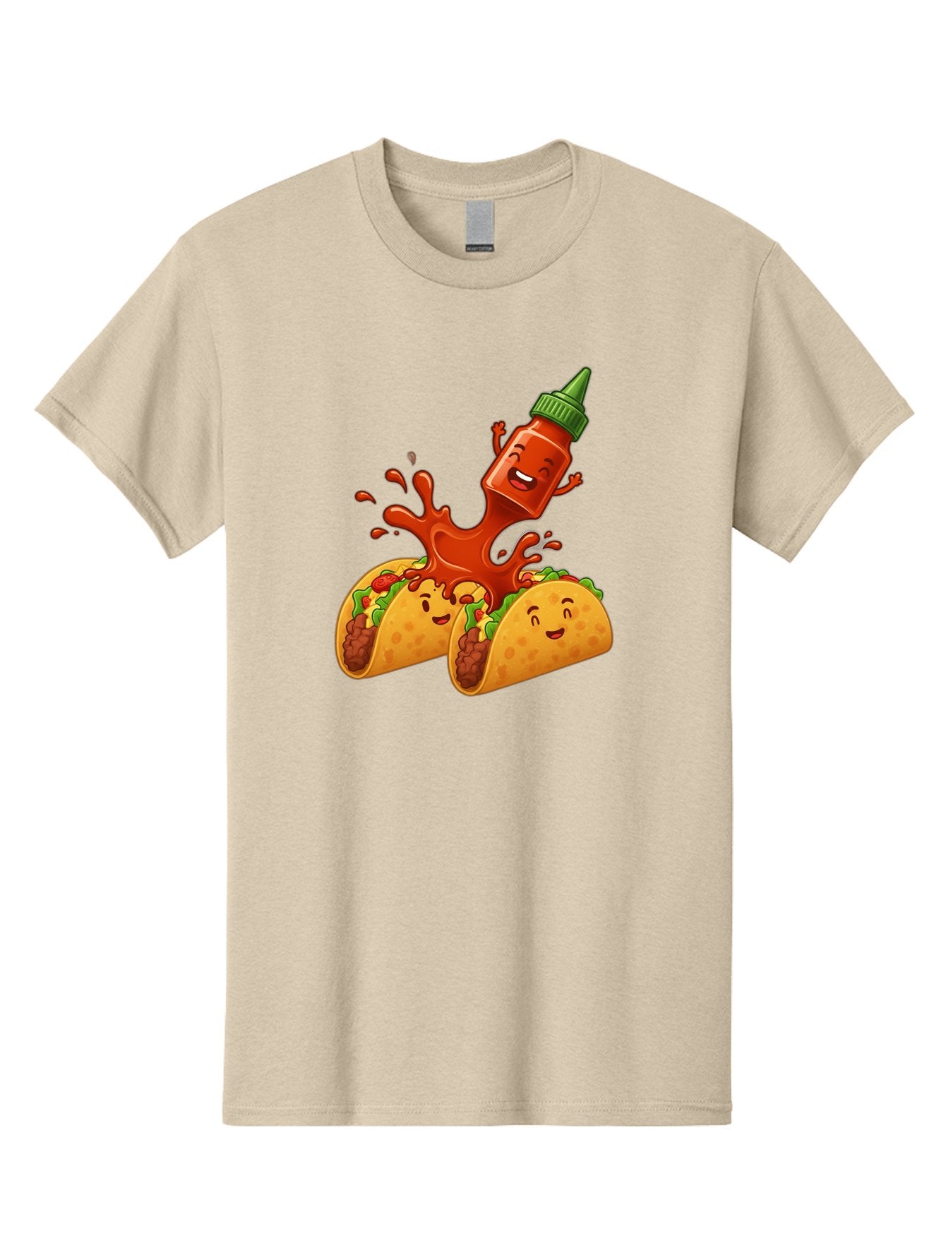 Hot-Sauce-Bottle-And-Tacos Men'S Graphic Tee, 100% Cotton, Comfortable Casual Summer Wear, Machine Washable, Hot Sauce, Ketchup Bottle Character, Cartoon Tacos, Spiky Green Cap, Happy And Playful, Drippy Splatter, Meaty And Leafy Taco Filling, Baa834 4