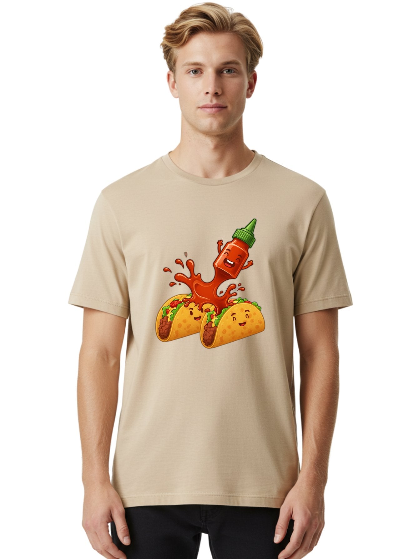 Hot-Sauce-Bottle-And-Tacos Men'S Graphic Tee, 100% Cotton, Comfortable Casual Summer Wear, Machine Washable, Hot Sauce, Ketchup Bottle Character, Cartoon Tacos, Spiky Green Cap, Happy And Playful, Drippy Splatter, Meaty And Leafy Taco Filling, Baa834 18