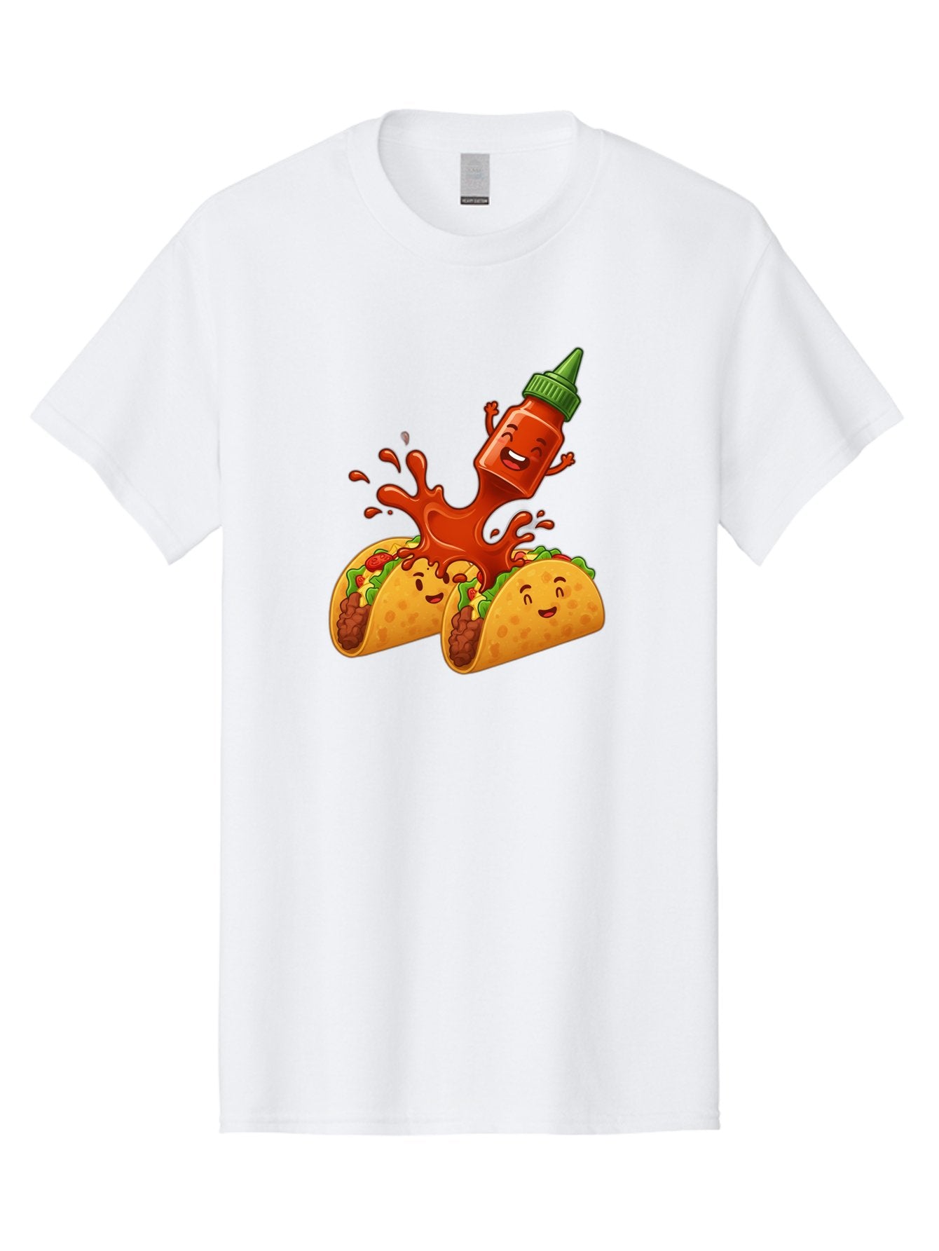 Hot-Sauce-Bottle-And-Tacos Men'S Graphic Tee, 100% Cotton, Comfortable Casual Summer Wear, Machine Washable, Hot Sauce, Ketchup Bottle Character, Cartoon Tacos, Spiky Green Cap, Happy And Playful, Drippy Splatter, Meaty And Leafy Taco Filling, Baa834 9