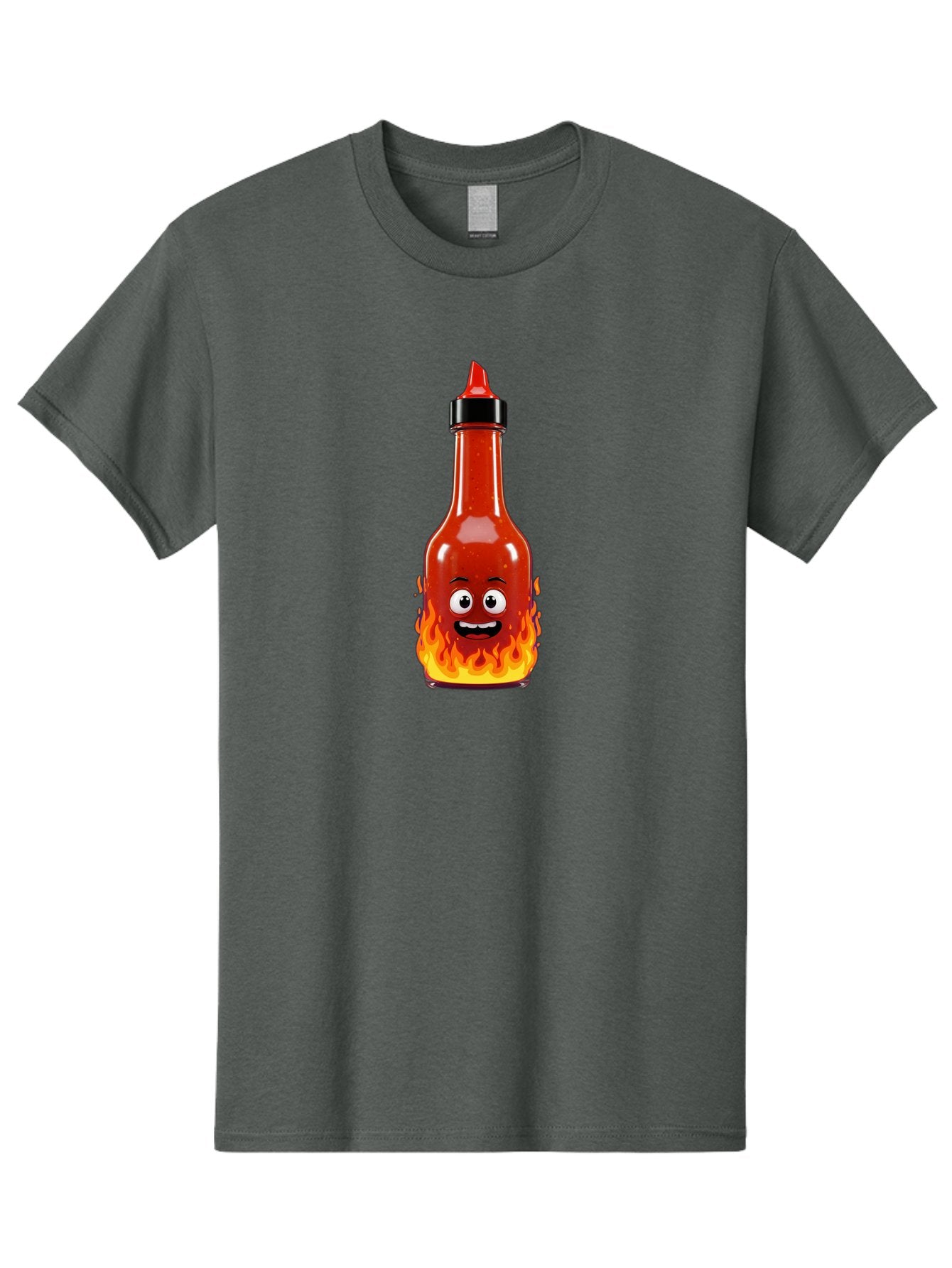 Hot-Sauce-Bottle Men'S Graphic Tee, 100% Cotton, Comfortable Casual Summer Wear, Machine Washable, Hot Sauce Bottle, Cartoon Character, Happy Face, Flames, Spicy Food, Condiment, Cartoon Illustration, Vibrant Colors, Playful Design, Baa835 9