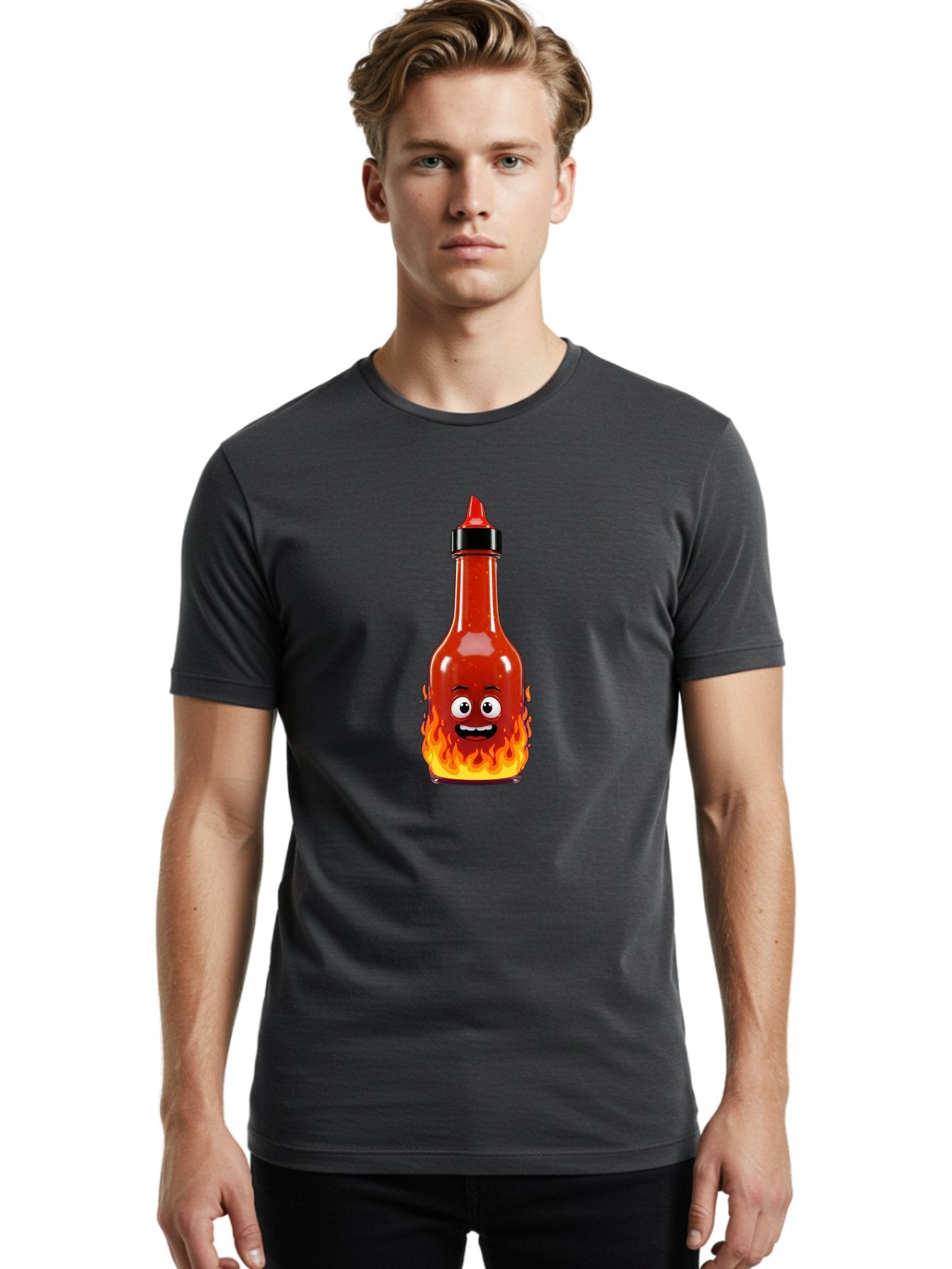 Hot-Sauce-Bottle Men'S Graphic Tee, 100% Cotton, Comfortable Casual Summer Wear, Machine Washable, Hot Sauce Bottle, Cartoon Character, Happy Face, Flames, Spicy Food, Condiment, Cartoon Illustration, Vibrant Colors, Playful Design, Baa835 24