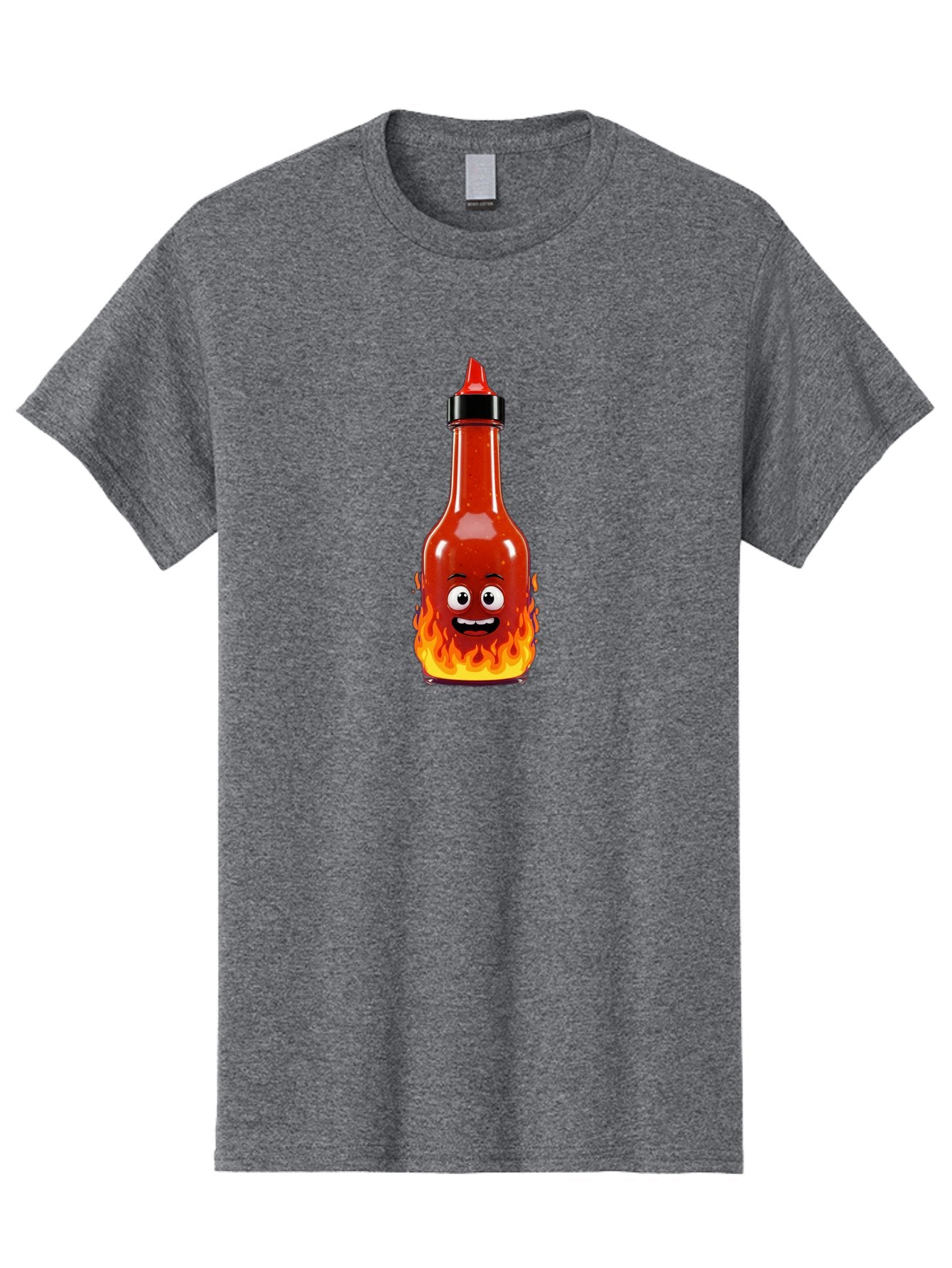 Hot-Sauce-Bottle Men'S Graphic Tee, 100% Cotton, Comfortable Casual Summer Wear, Machine Washable, Hot Sauce Bottle, Cartoon Character, Happy Face, Flames, Spicy Food, Condiment, Cartoon Illustration, Vibrant Colors, Playful Design, Baa835 15