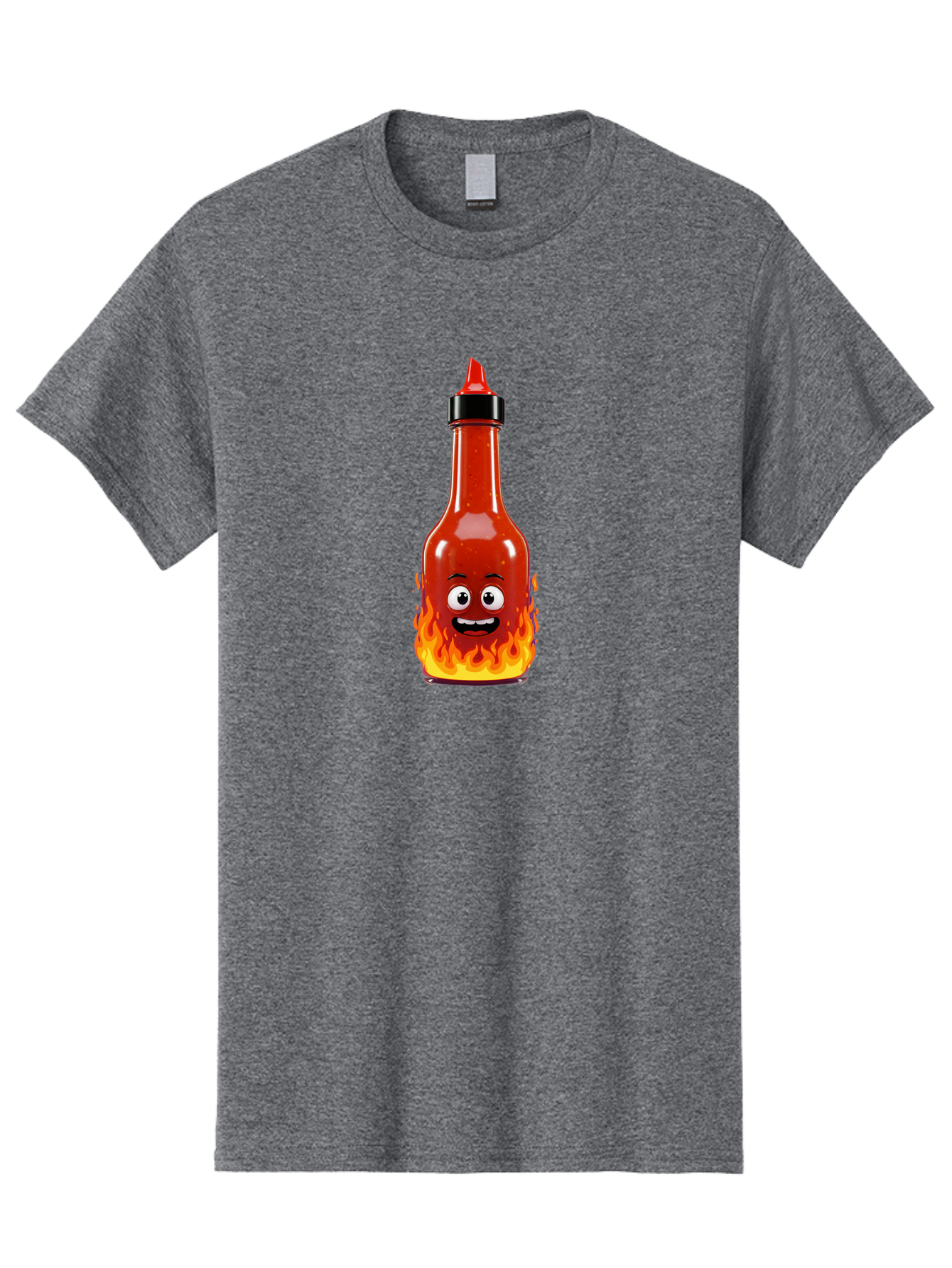 Hot-Sauce-Bottle Men'S Graphic Tee, 100% Cotton, Comfortable Casual Summer Wear, Machine Washable, Hot Sauce Bottle, Cartoon Character, Happy Face, Flames, Spicy Food, Condiment, Cartoon Illustration, Vibrant Colors, Playful Design, Baa835